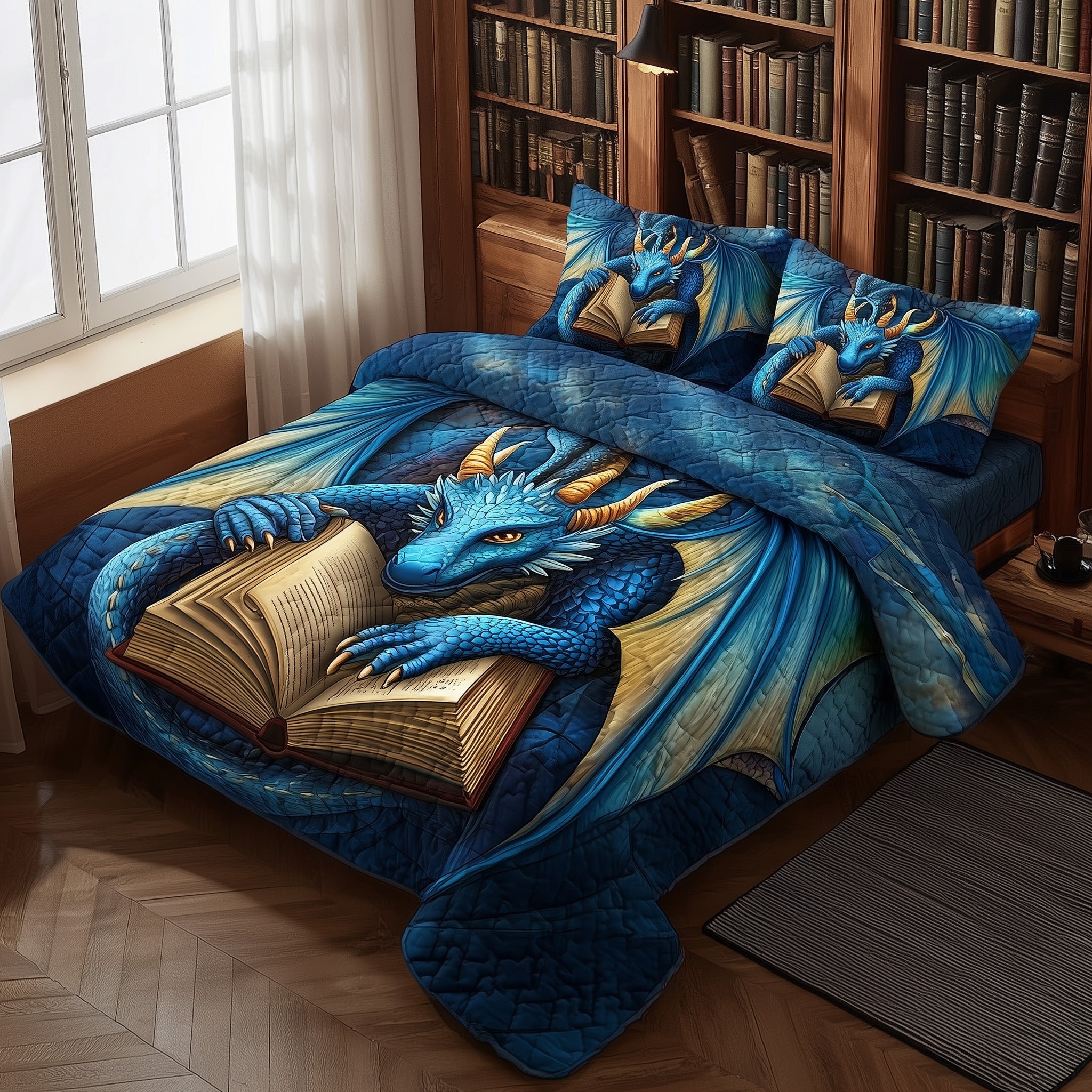 Bookish Dragon Quilted Bedding Set Duvet Cover Bedspread Dragon Items For Lovers