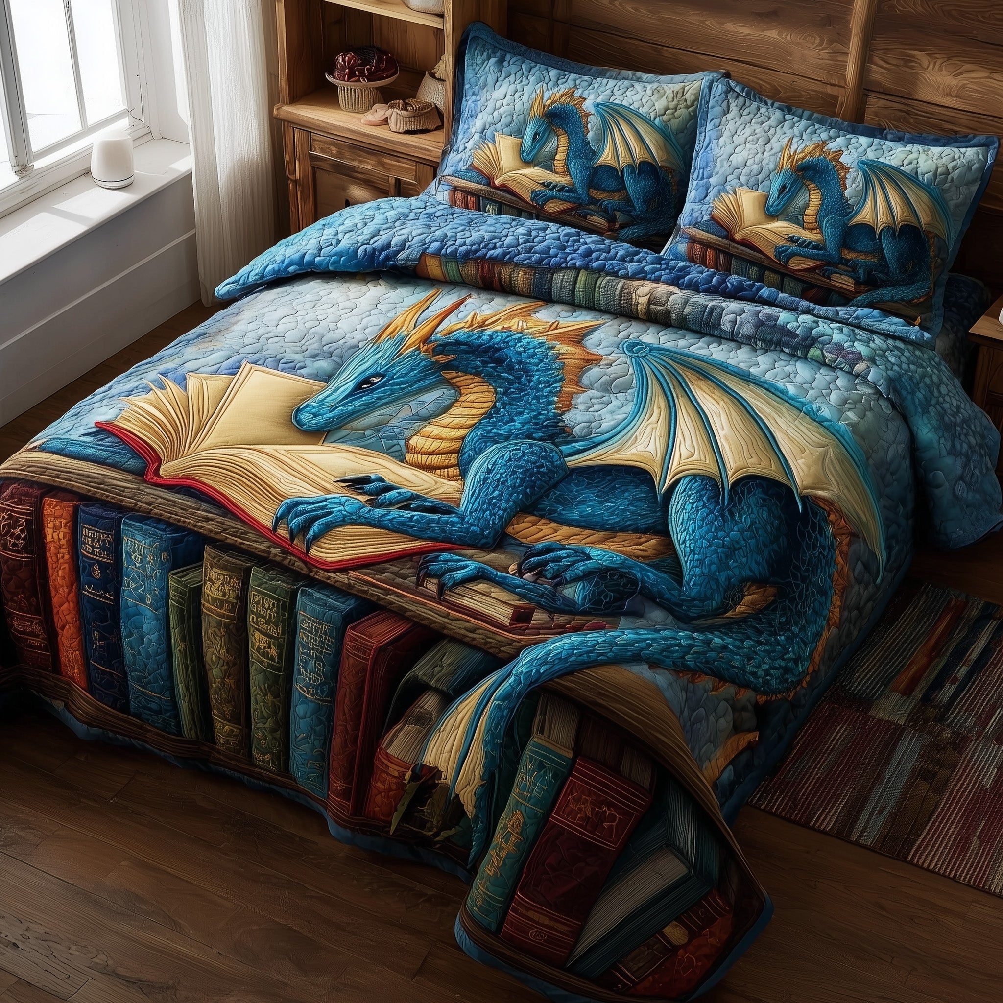 Bookish Dragon Quilted Bedding Set Duvet Cover Bedspread Dragon Themed Birthday Gifts
