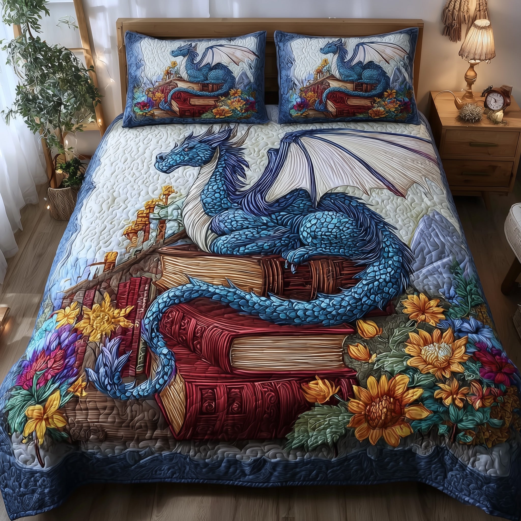 Bookish Dragon Quilted Bedding Set Duvet Cover Bedspread Gifts For Someone Who Loves Dragons