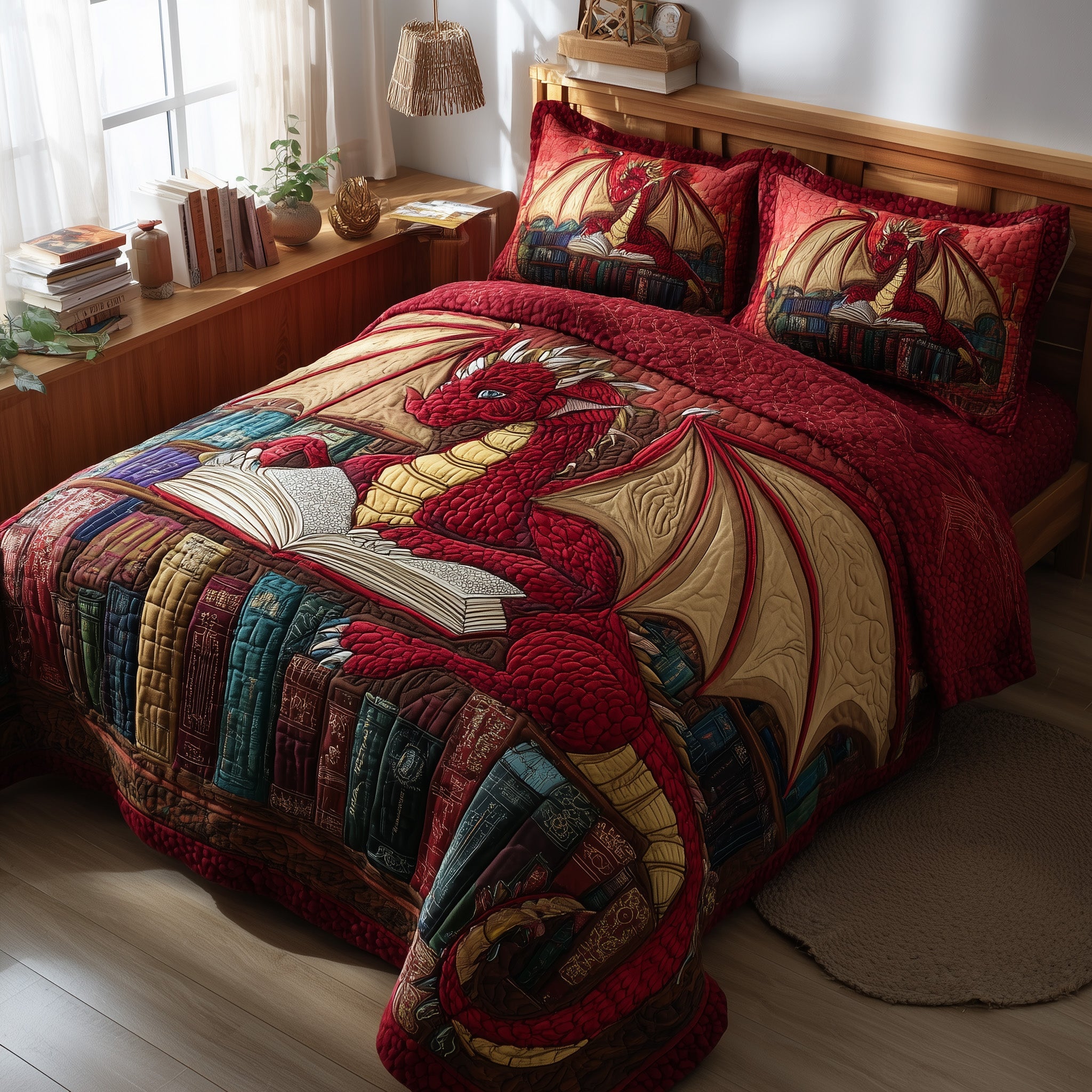 Bookish Dragon Quilted Bedding Set Duvet Cover Bedspread Novelty Dragon Gifts