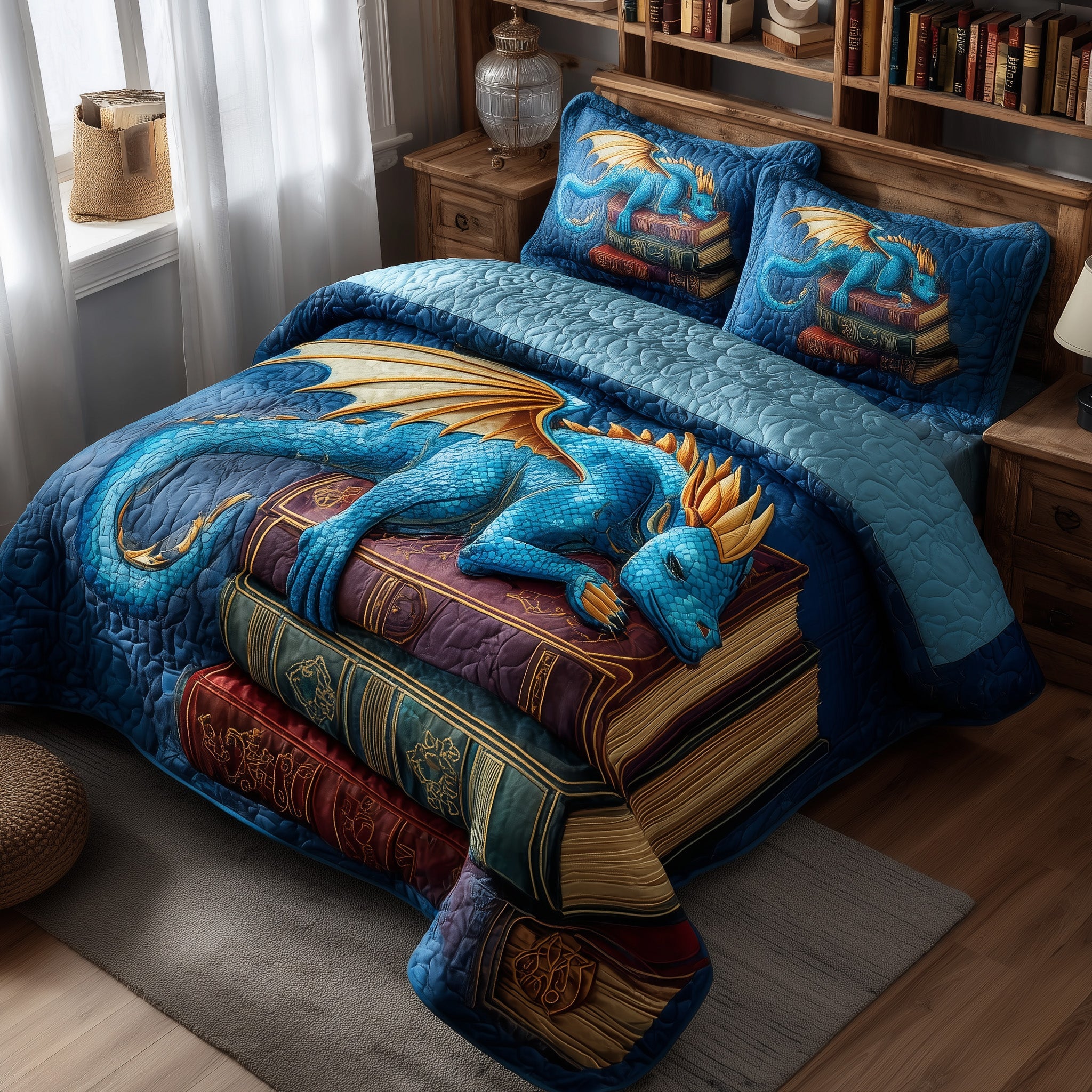Bookish Dragon Quilted Bedding Set Duvet Cover Bedspread Unique Best Gifts For Dragon Lovers