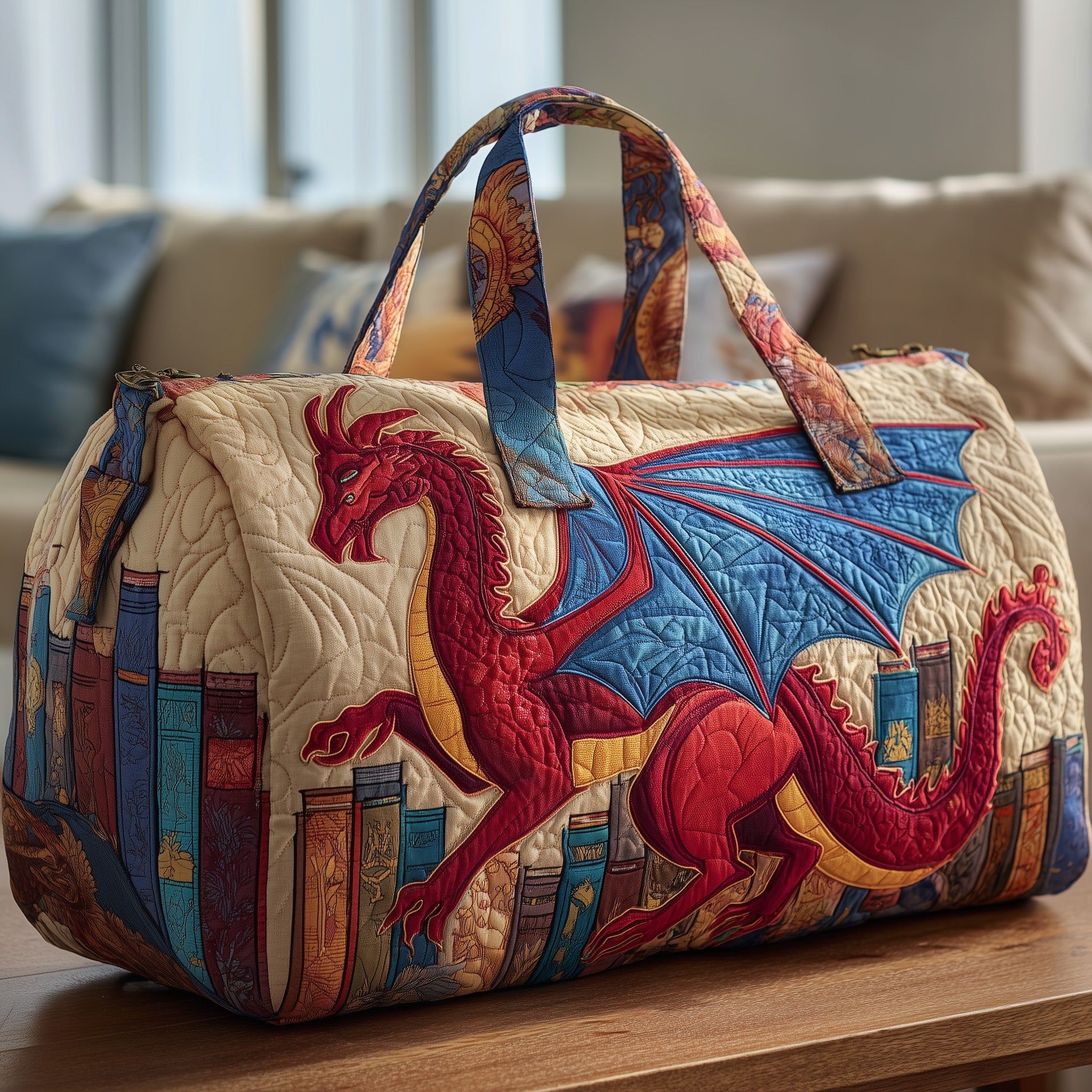 Bookish Dragon Quilted Duffle Bag Birthday Gift Idea