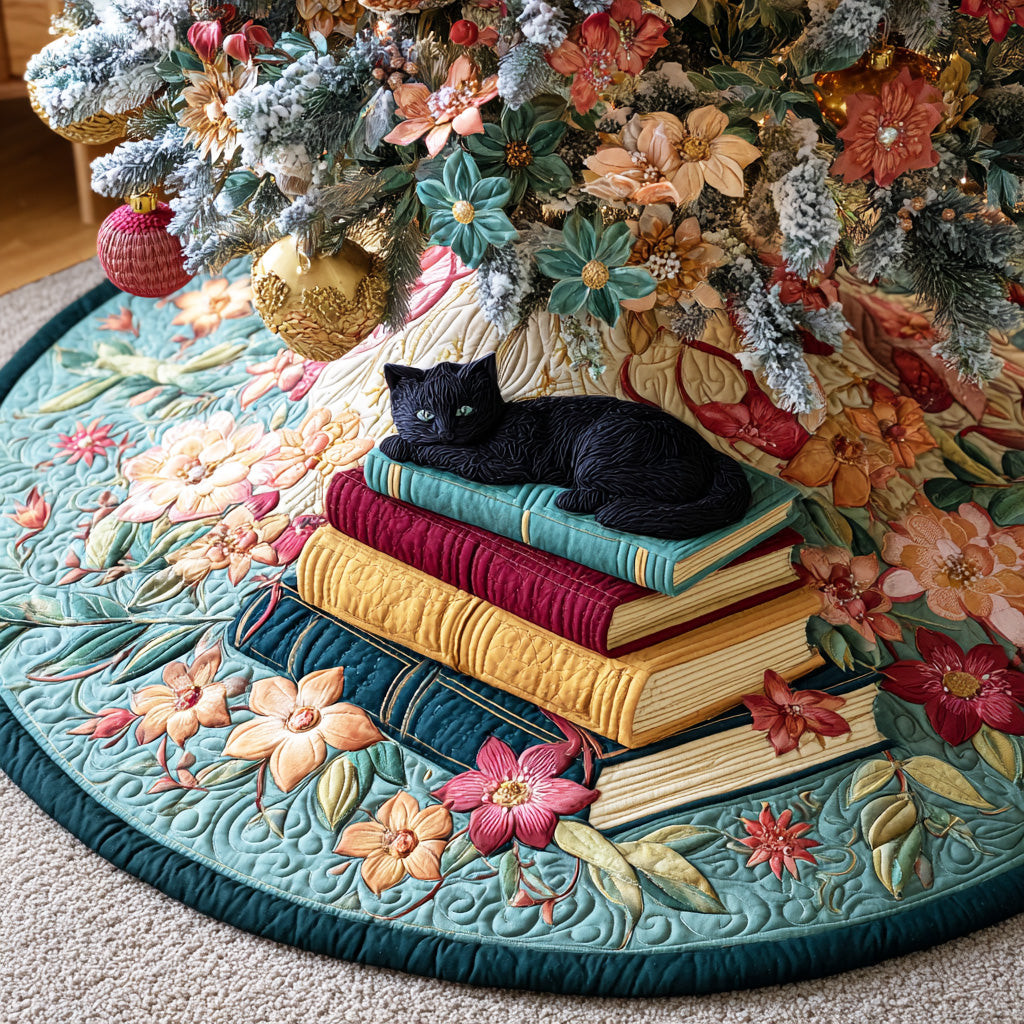 Bookish Feline Tales Christmas Quilted Tree Skirt Xmas Tree Decor Book Owner Christmas Gifts