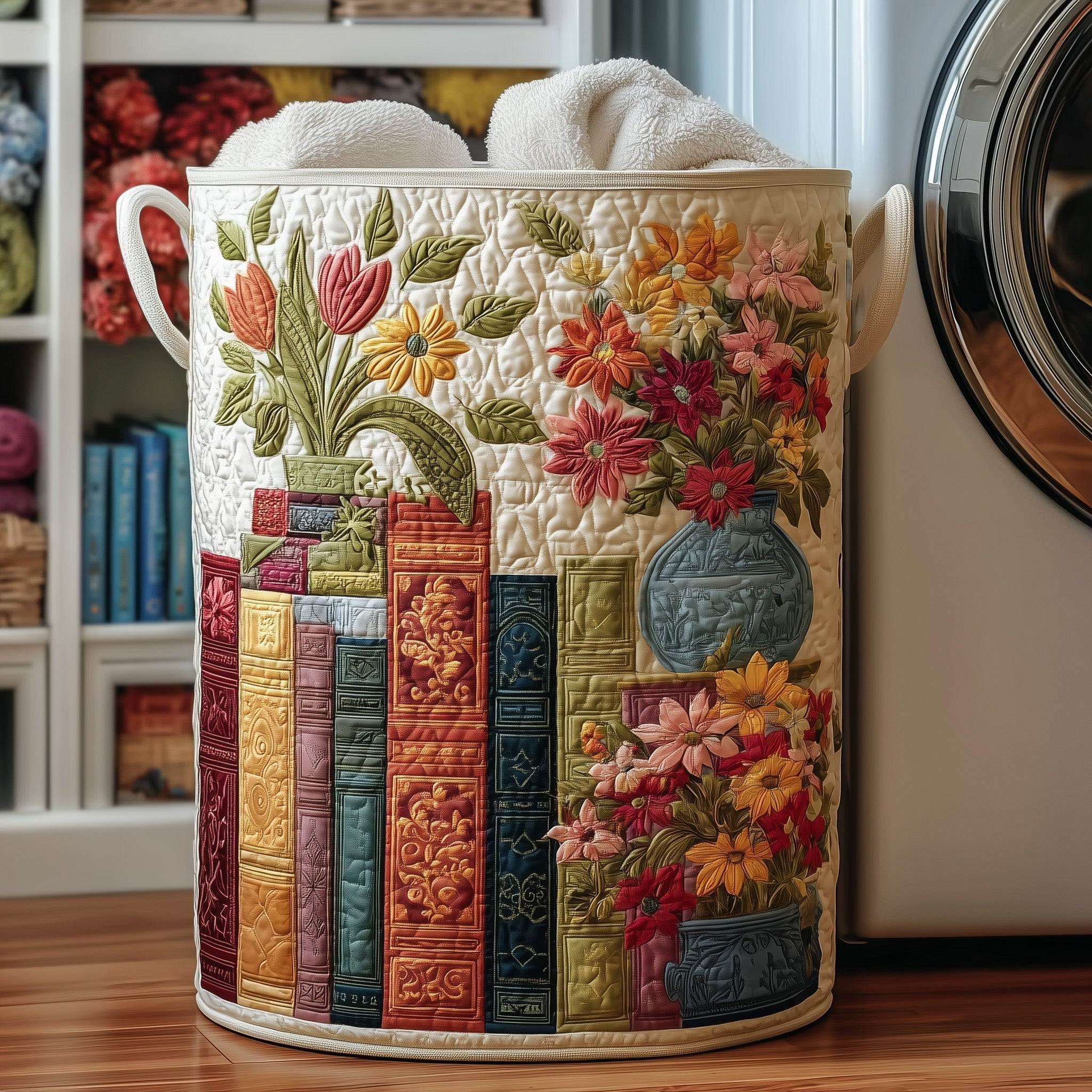 Bookish Flower Graphic Quilted Laundry Basket Aesthetic Home Decor Gifts For Book Enthusiasts