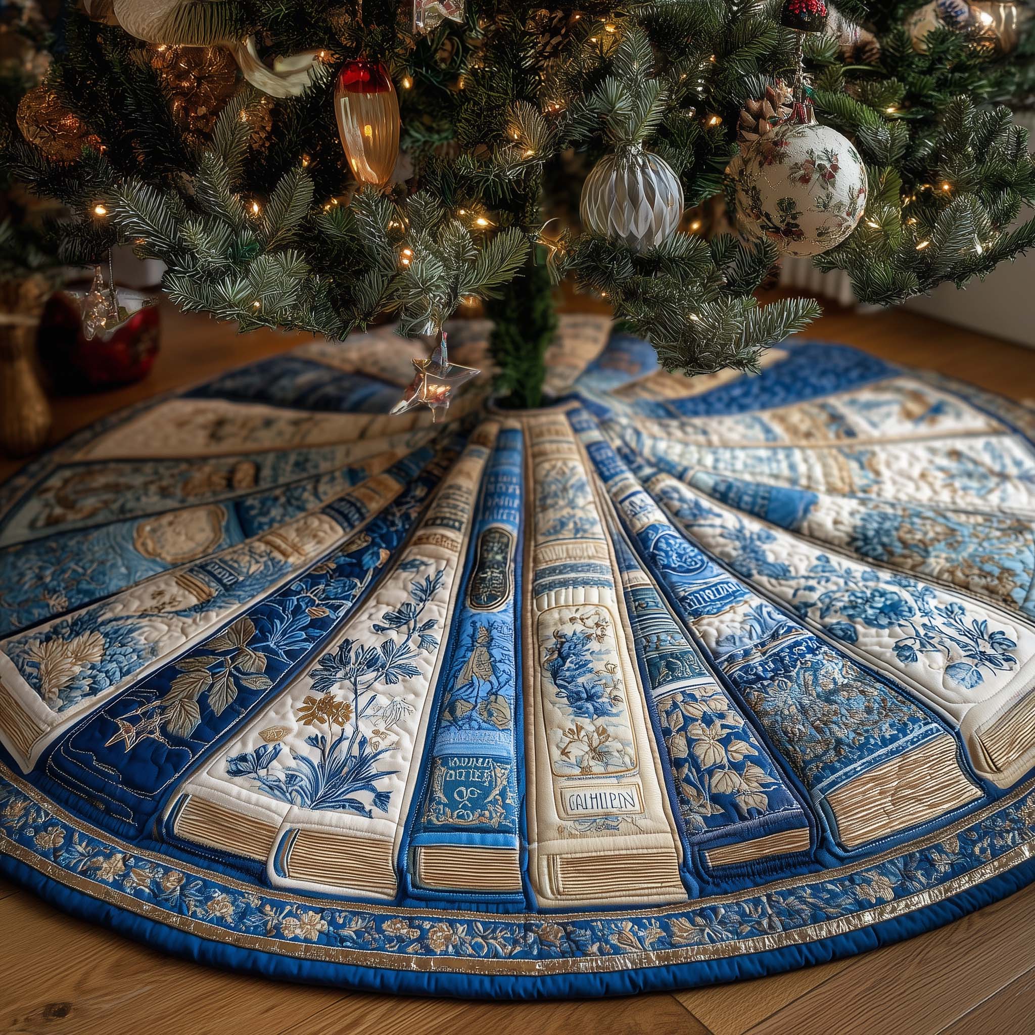 Bookish Holiday Quilted Tree Skirt White Christmas Themed Decor Gift For Book Owners
