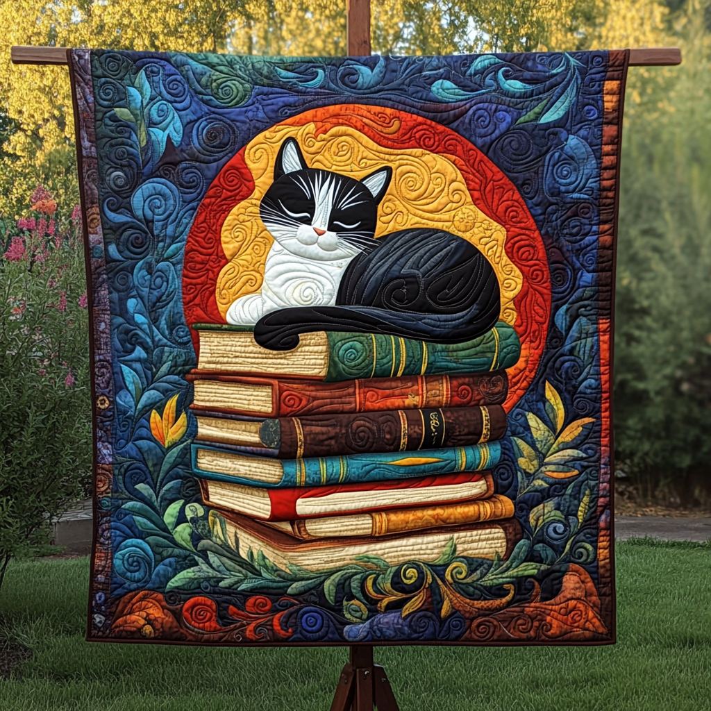 Bookish Kitty Quilted Blanket Unique Gifts For Cat Lovers