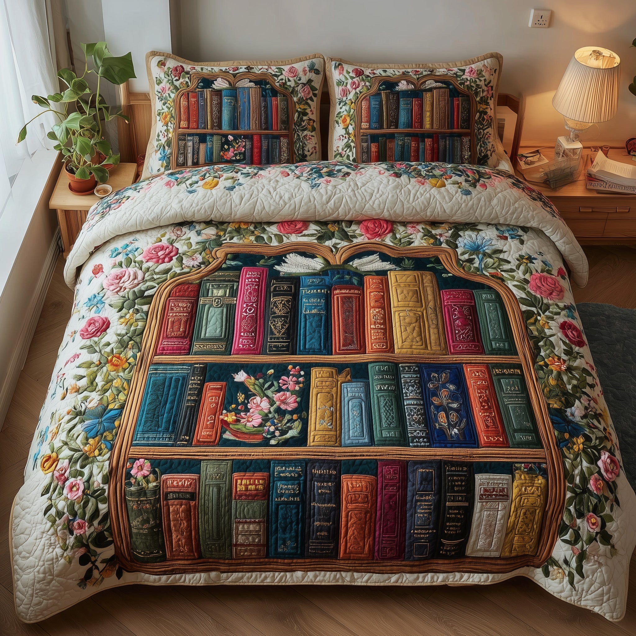 Bookish Quilted Bedding Set Microfiber