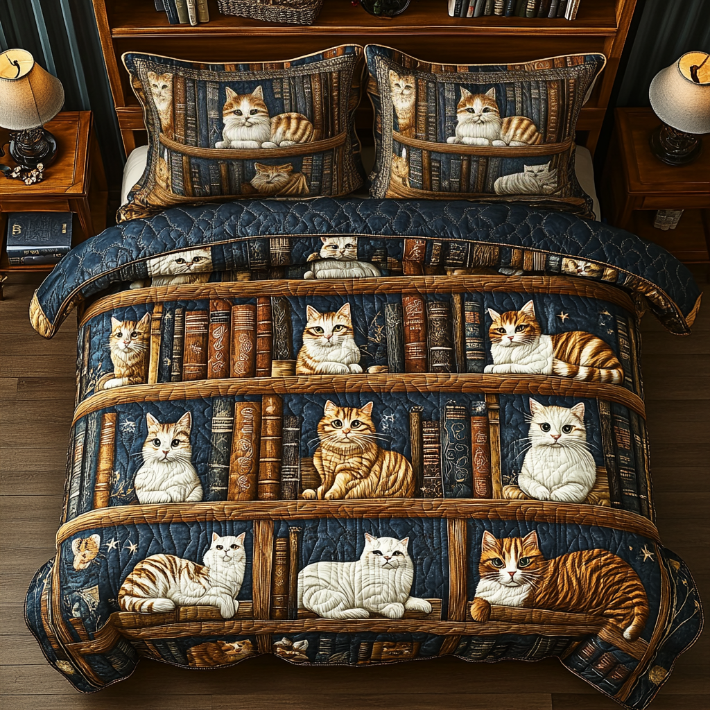 Bookish Whiskers Quilted Bedding Set Unique Bed Sheet Set Best Christmas Presents For Cats
