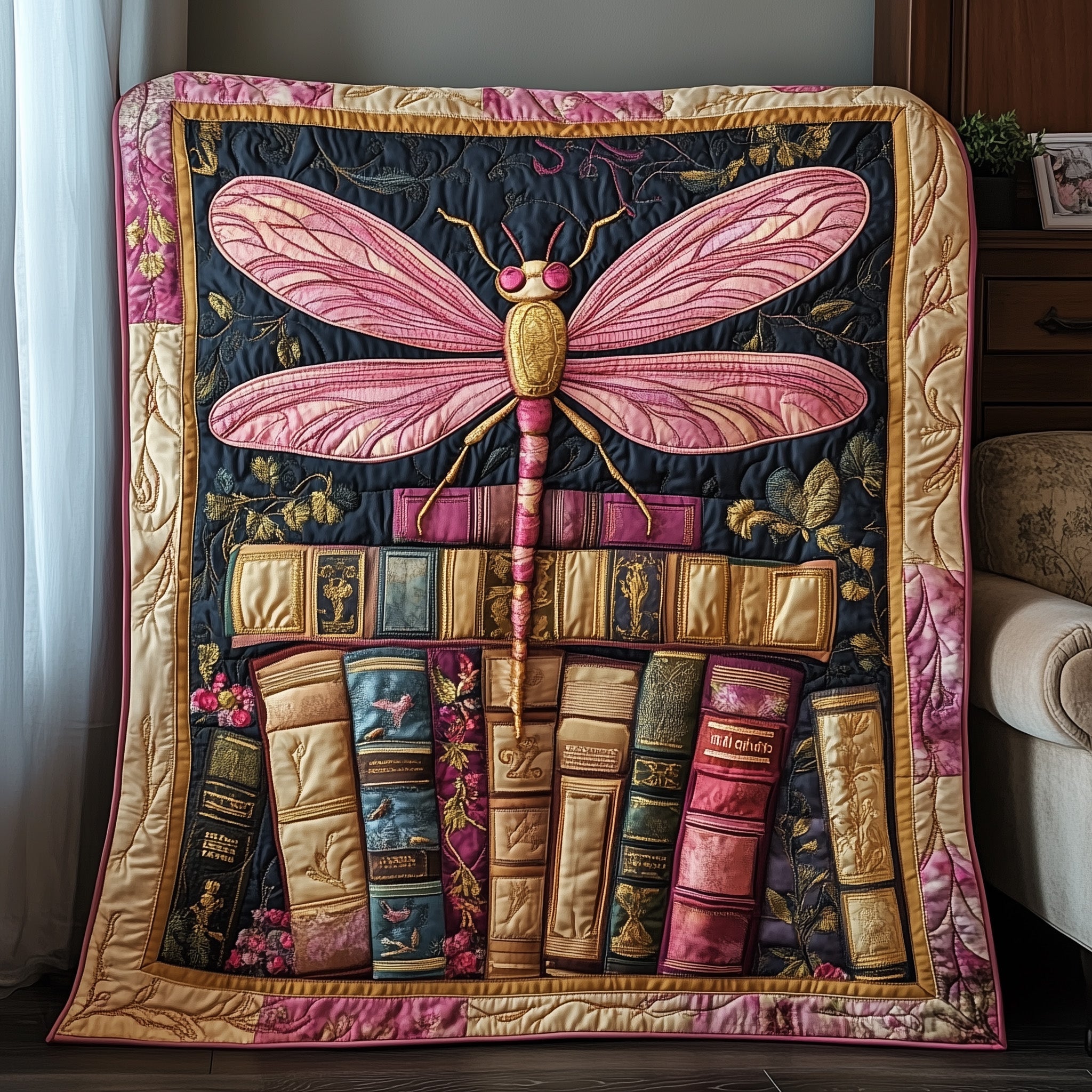 Bookish Wings Quilted Blanket Merchandise Throw BlanketDragonfly Gifts For Lady