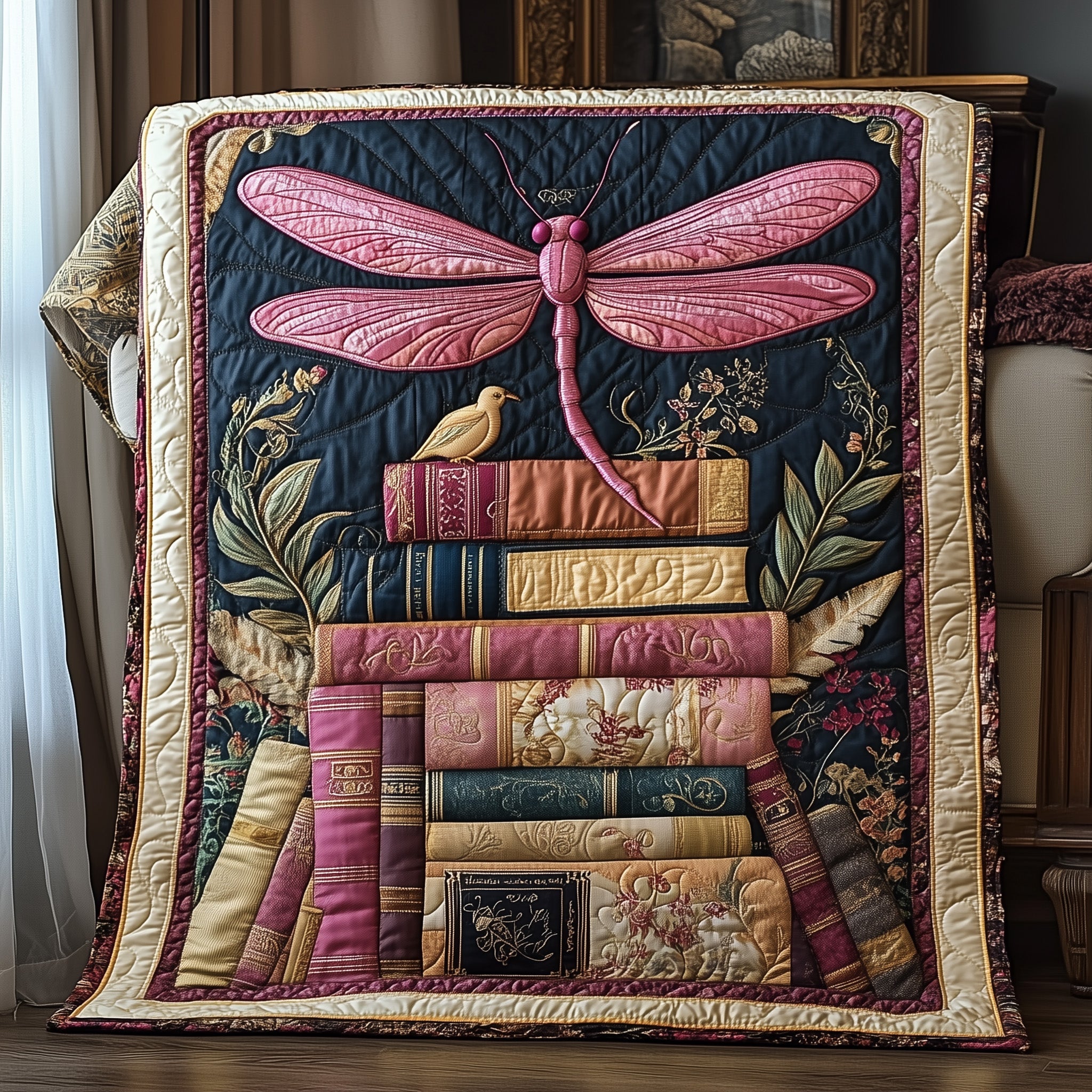 Bookish Wings Quilted Blanket Merchandise Throw BlanketDragonfly Themed Gift Items