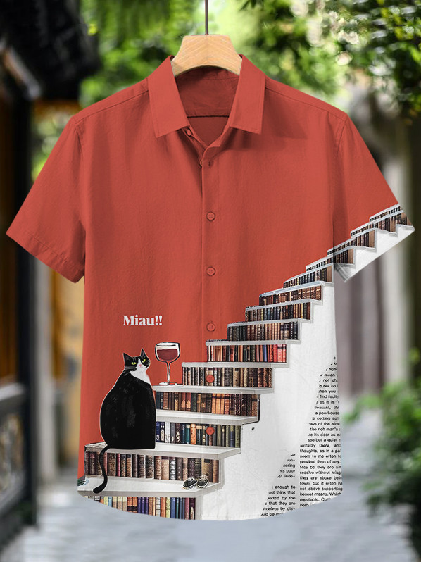 Books Stairs Cat And Wine Art Hawaiian Shirt Birthday Presents For Boyfriend
