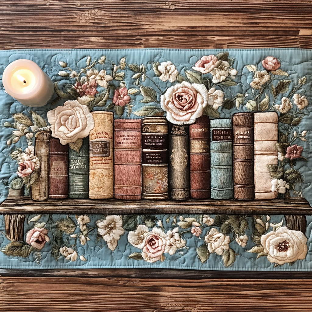 Bookshelf Bloom Quilted Table Runner Dining Table Decor Christmas Presents For Book Lovers