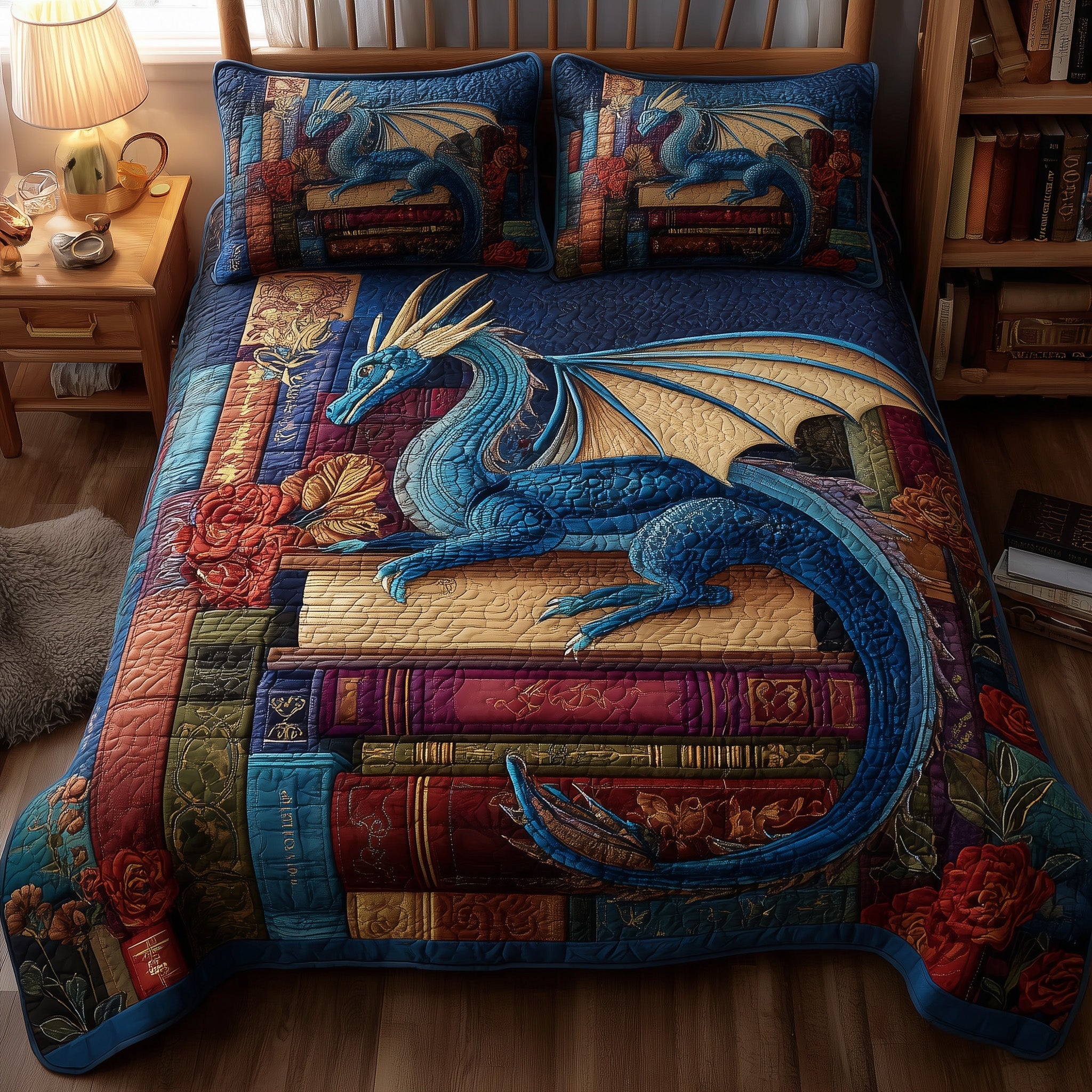 Bookworm Dragon Quilted Bedding Set All-Season
