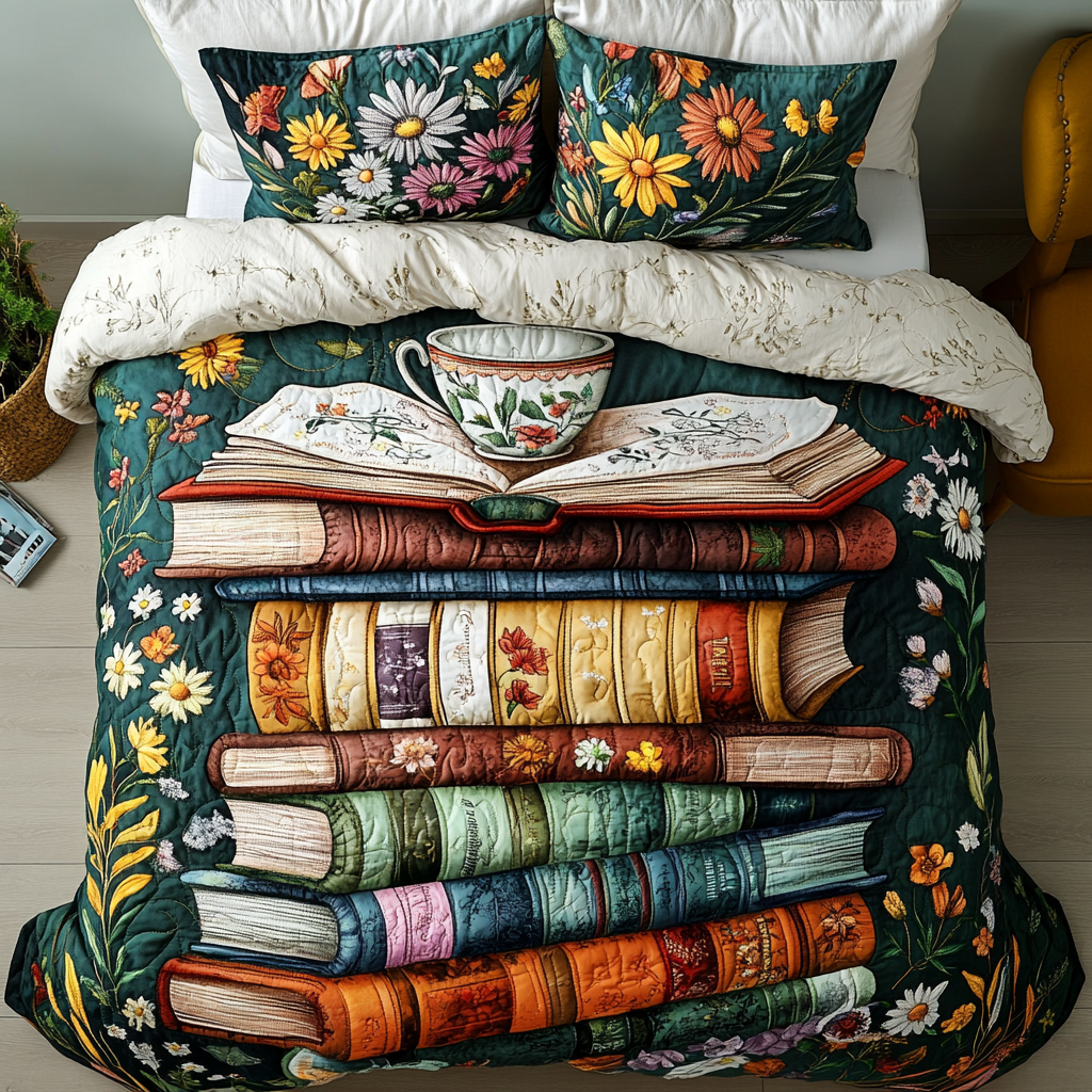 Bookworm Floral Quilted Bedding Set Best Comforter Sets Great Book Lover Gifts