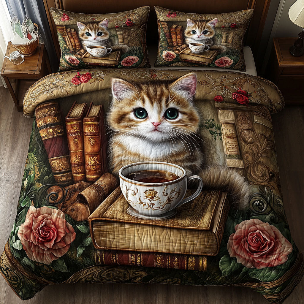 Bookworm Kitty Quilted Bedding Set Lovely Bedroom Gift Idea for Housewarming