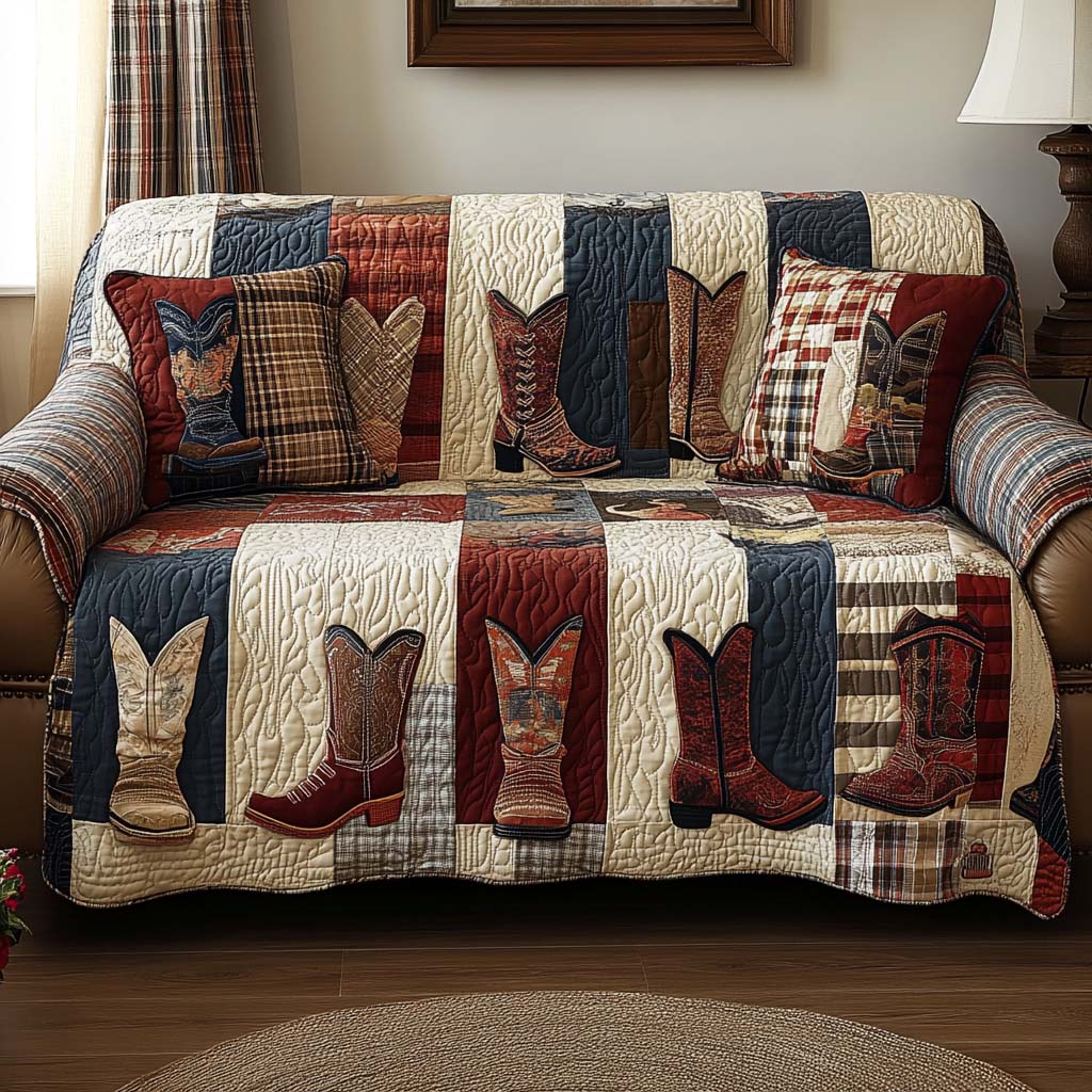 Boot Scooting Quilted Sofa Cover Holiday Living Room Decor Cowboy Gifts For Women