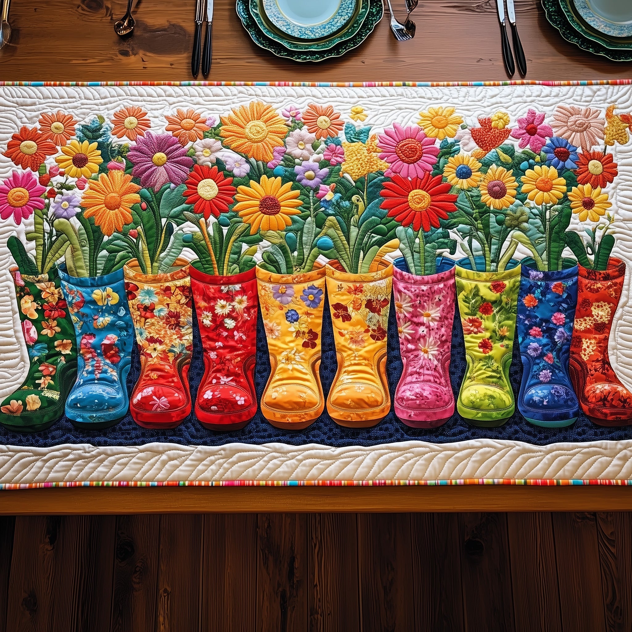 Boots Of Bloom Quilted Table Runner Cozy Christmas Table Runner
