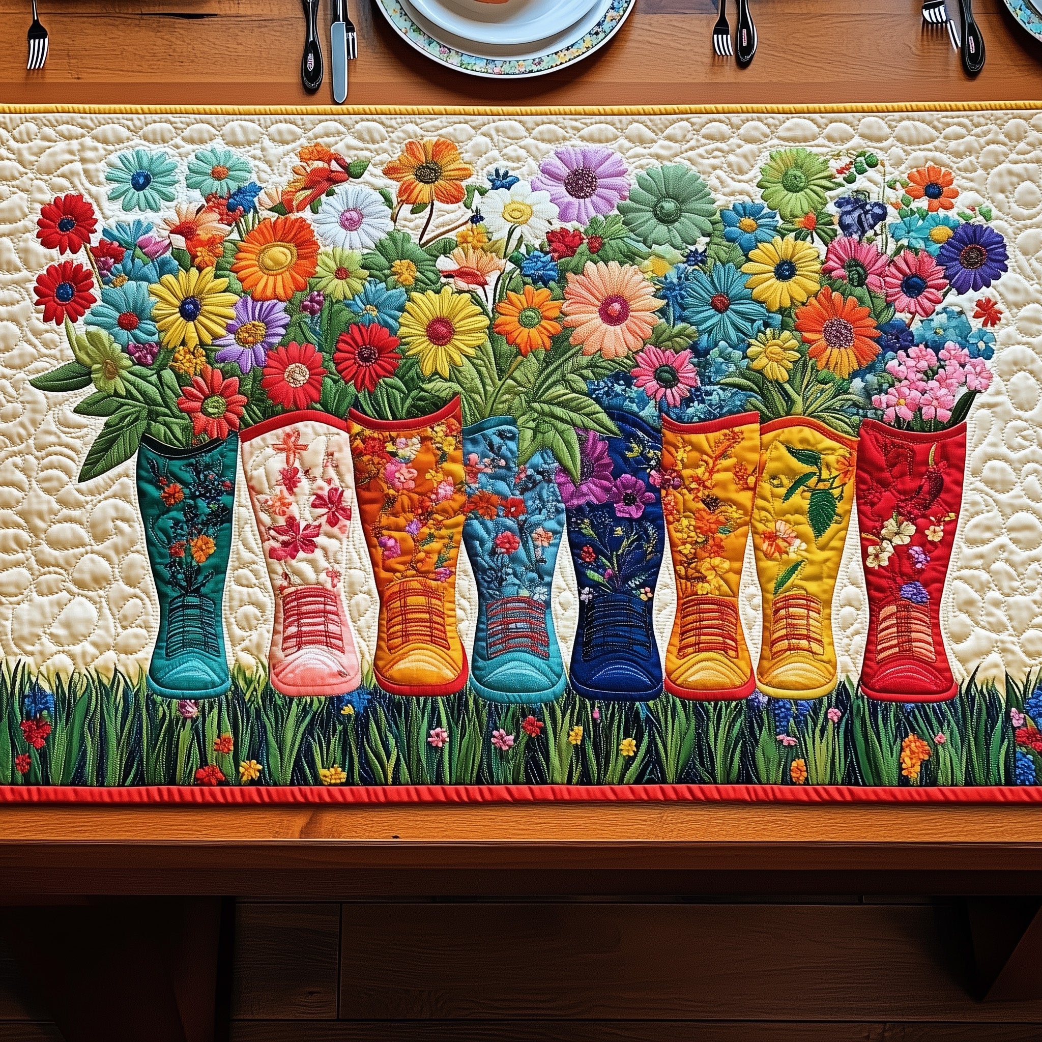 Boots Of Bloom Quilted Table Runner Merry Christmas Table Runner Decor