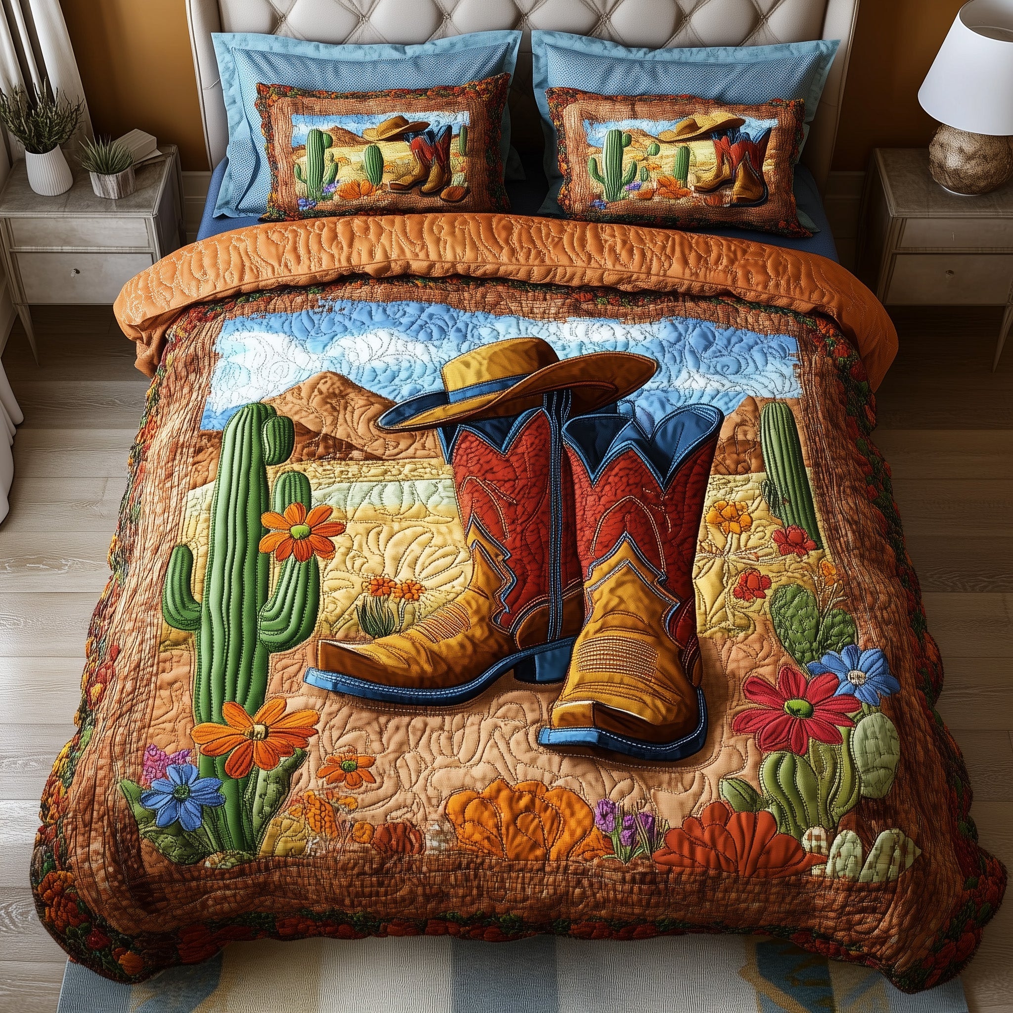 Bootsteps to Home Quilted Bedding Set Duvet Cover Bedspread Cowboy Gifts For Her