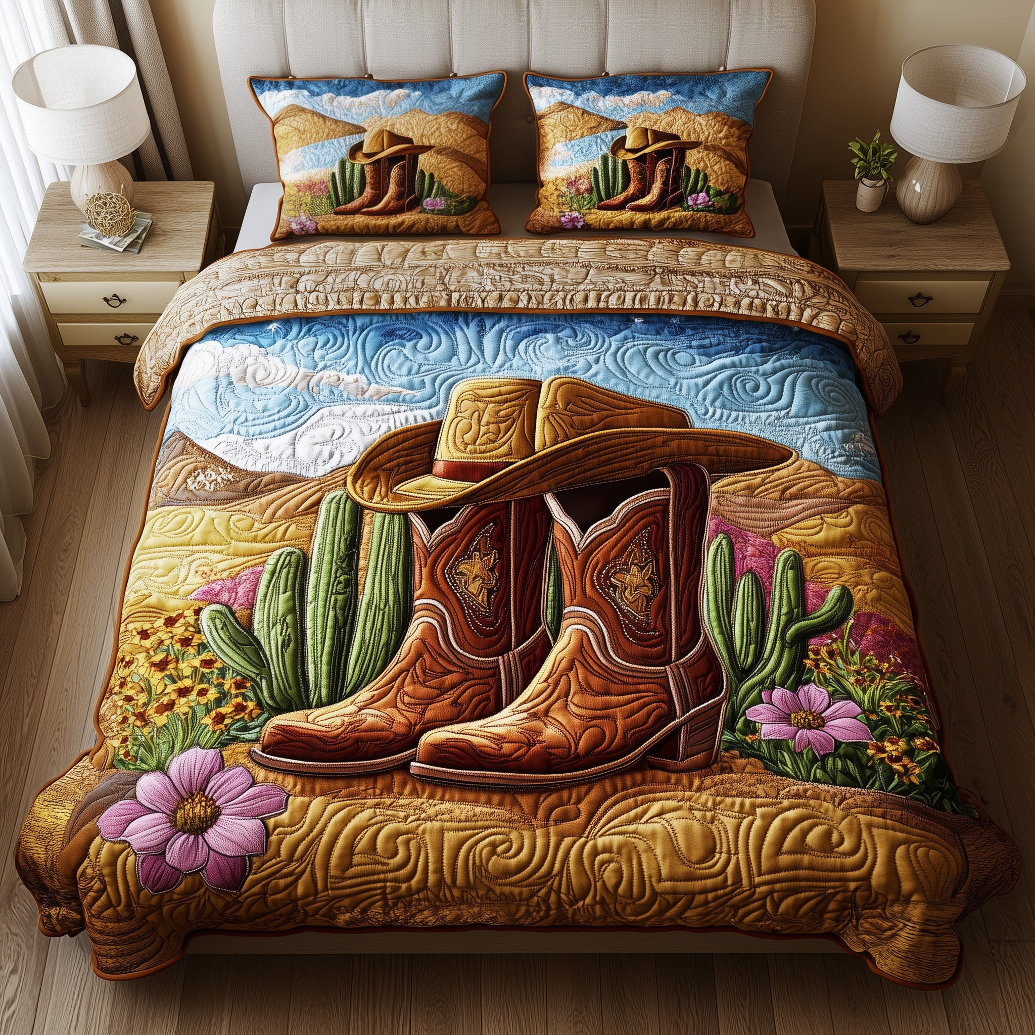 Bootsteps to Home Quilted Bedding Set Duvet Cover Bedspread Cowboys Father'S Day Gifts
