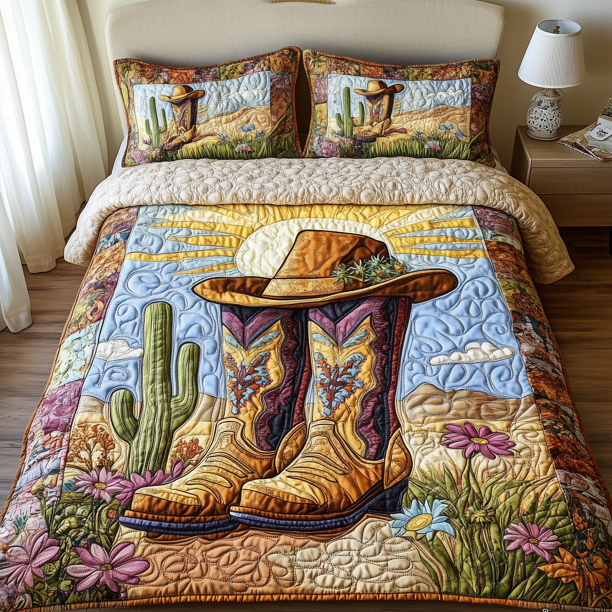 Bootsteps to Home Quilted Bedding Set Duvet Cover Bedspread Western Cowboy Gifts For Dad