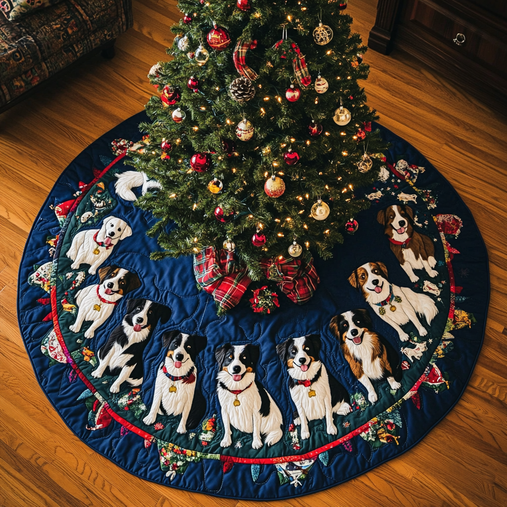 Border Collie Cheer Christmas Quilted Tree Skirt Christmas Holiday Decor Home