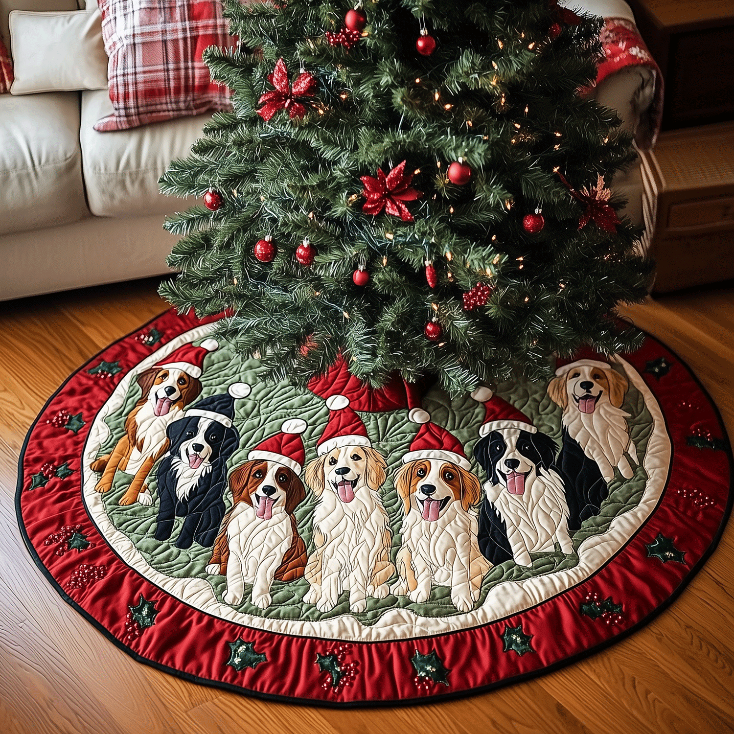 Border Collie Cheer Quilted Christmas Tree Skirt Christmas Tree Decor Warm And Cozy Holiday Decor
