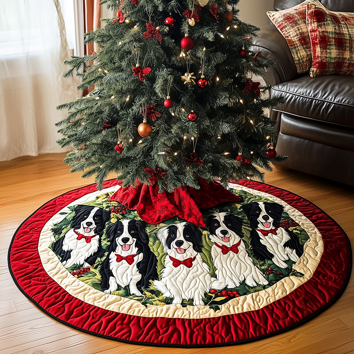 Border Collie Christmas Quilted Christmas Tree Skirt Family Holiday Gathering Decor Holiday Tree Base Decoration