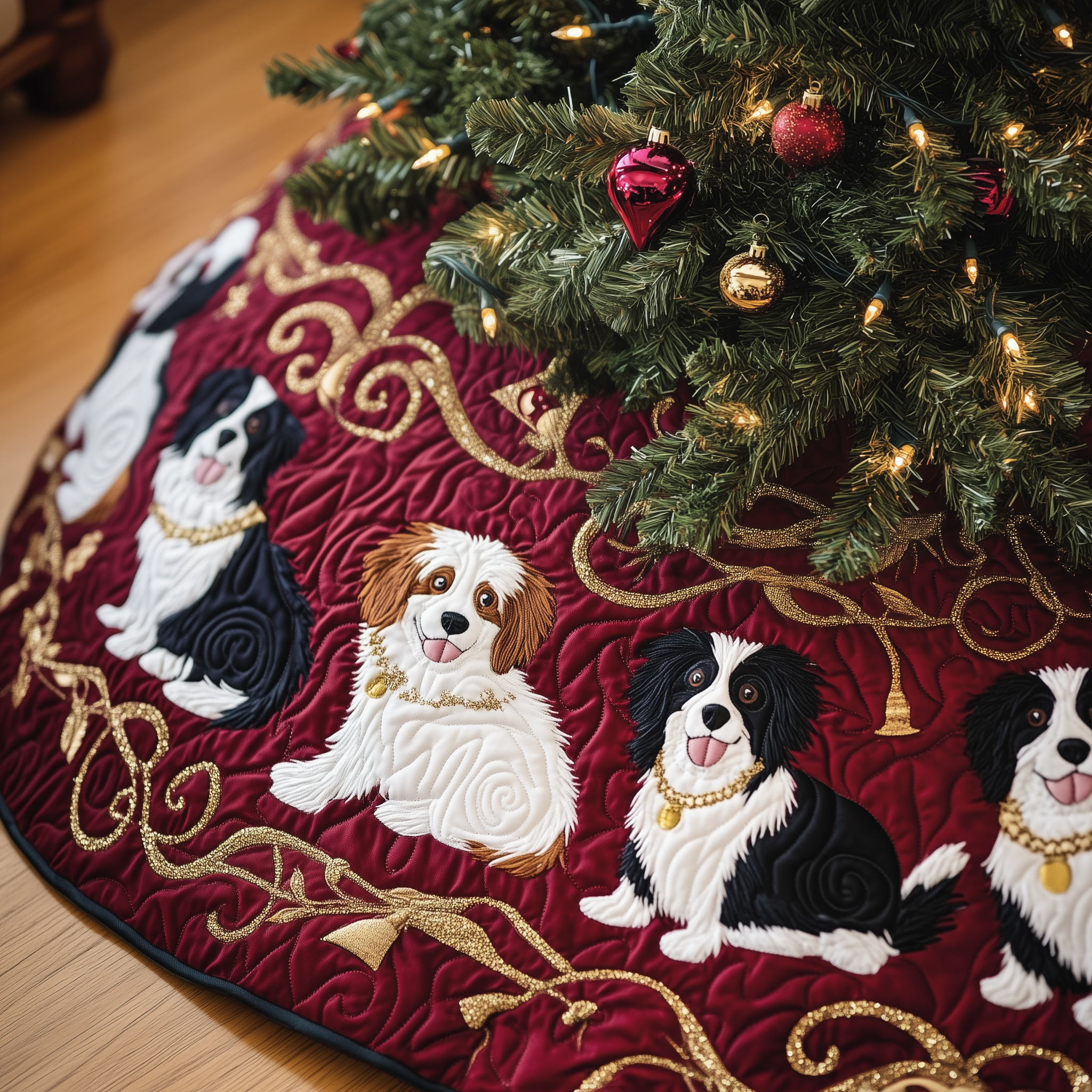 Border Collie Christmas Tree Skirt Quilted Dog Lover Holiday Decor Gift for Pet Families