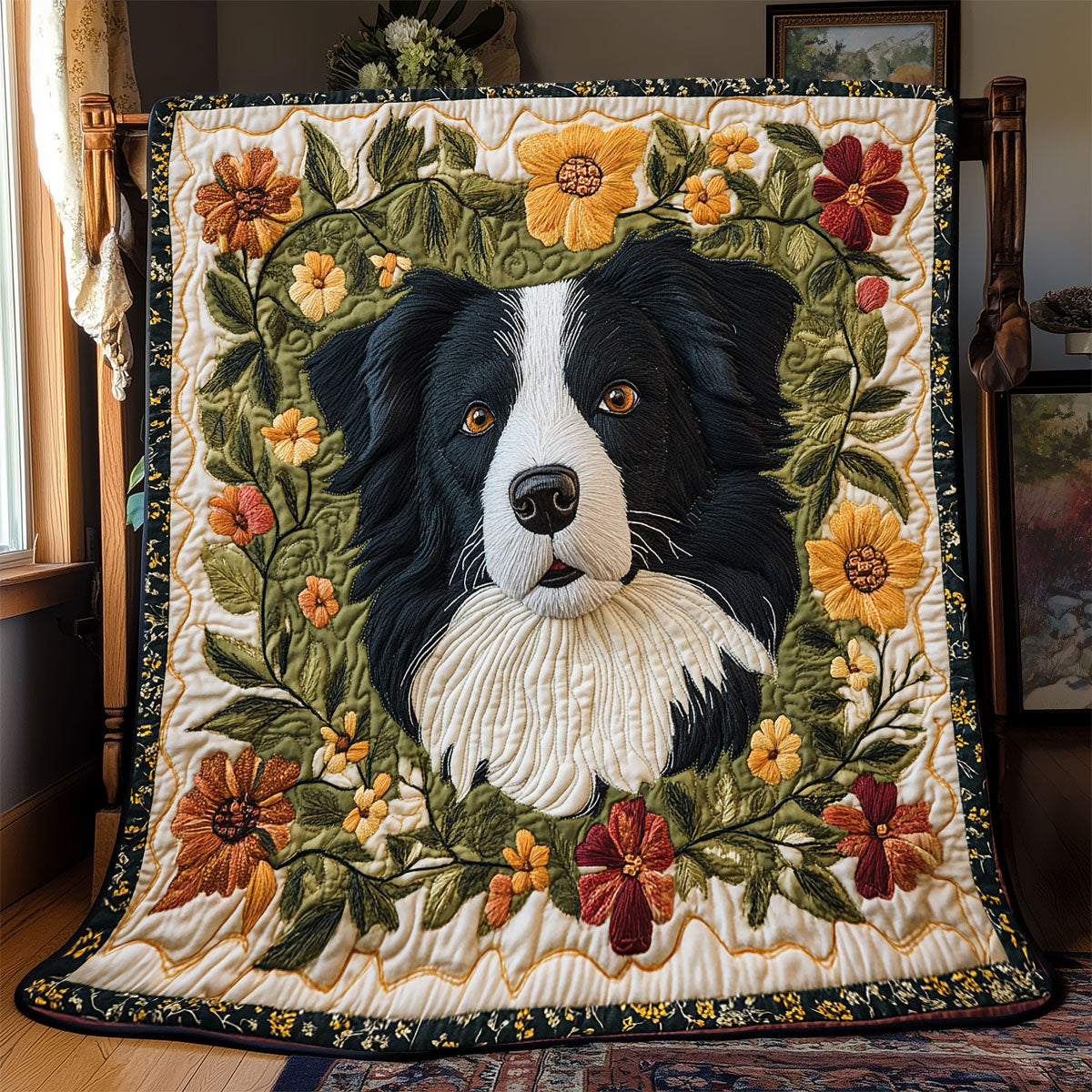 Border Collie Embroidered Blooms Quilt Blanket Comfort Throw Blanket Gifts For Dog Lovers