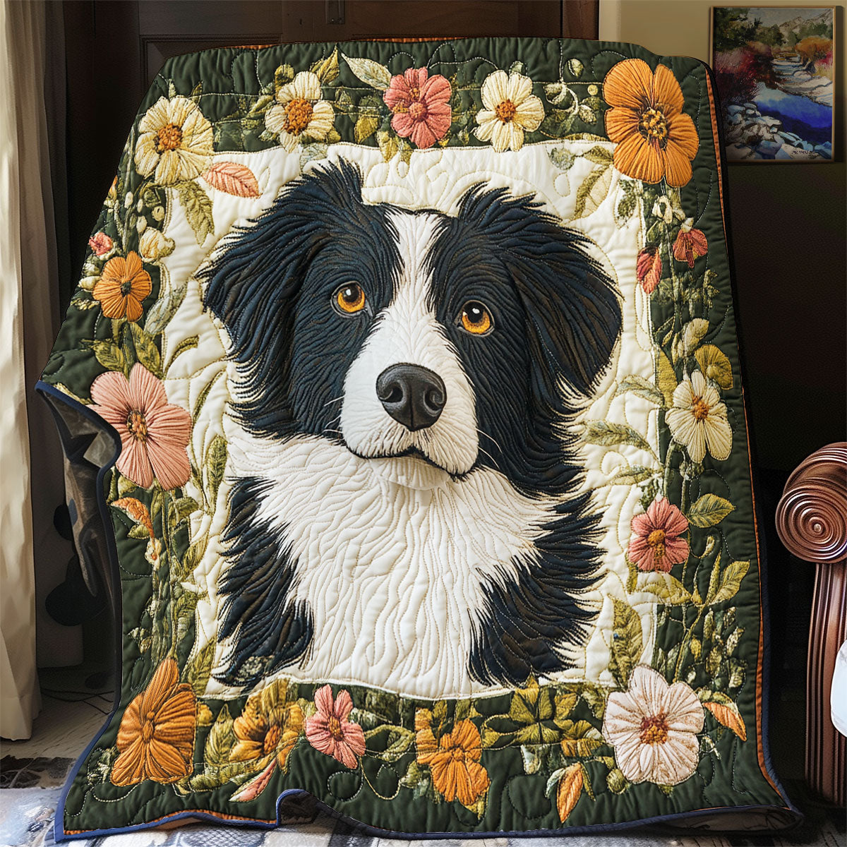 Border Collie Floral Border Quilt Blanket Cozy Throw Blanket Presents For Dog Lovers
