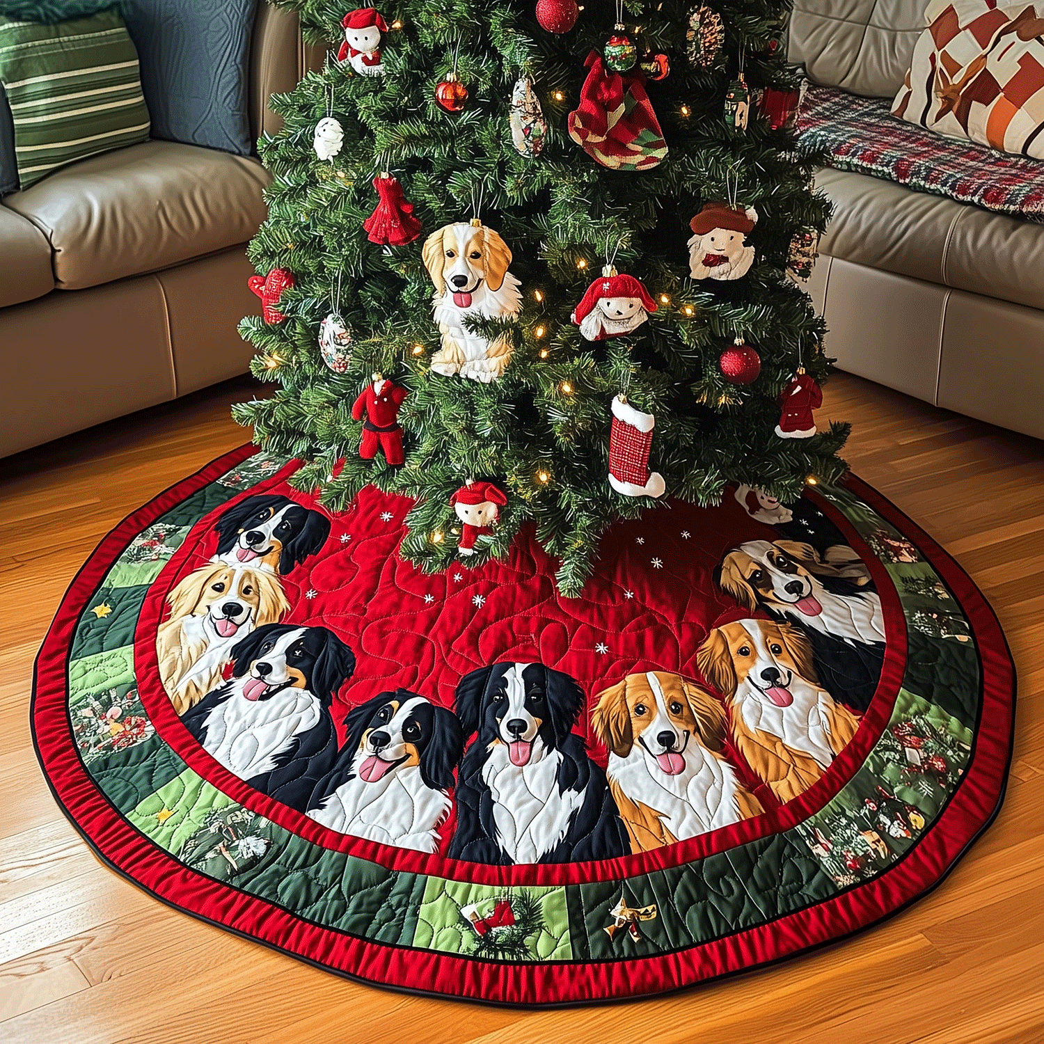 Border Collie Holiday Quilted Christmas Tree Skirt Classic Red and White Tree Skirt for Traditional Decor