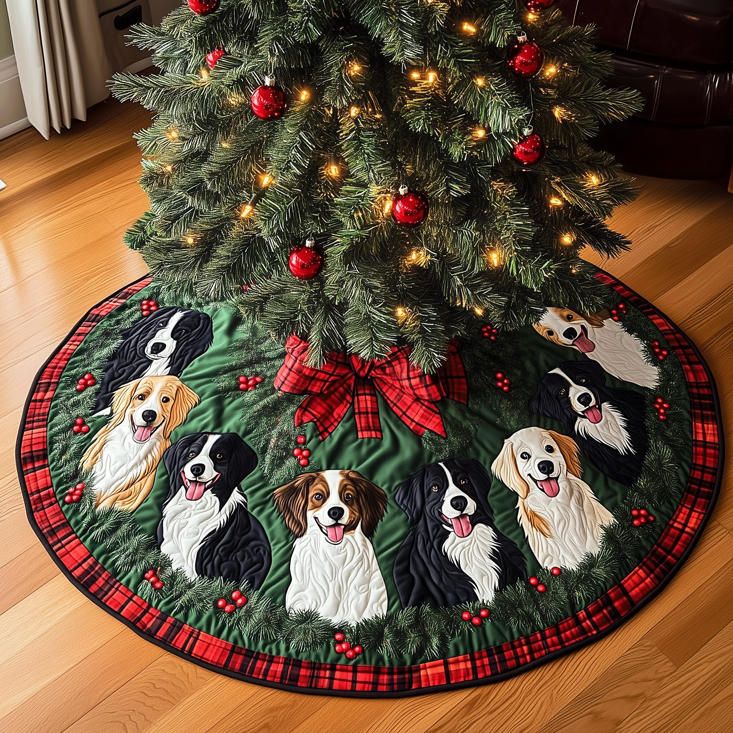 Border Collie Noel Quilted Christmas Tree Skirt Warm And Cozy Holiday Decor Christmas Tree Decor