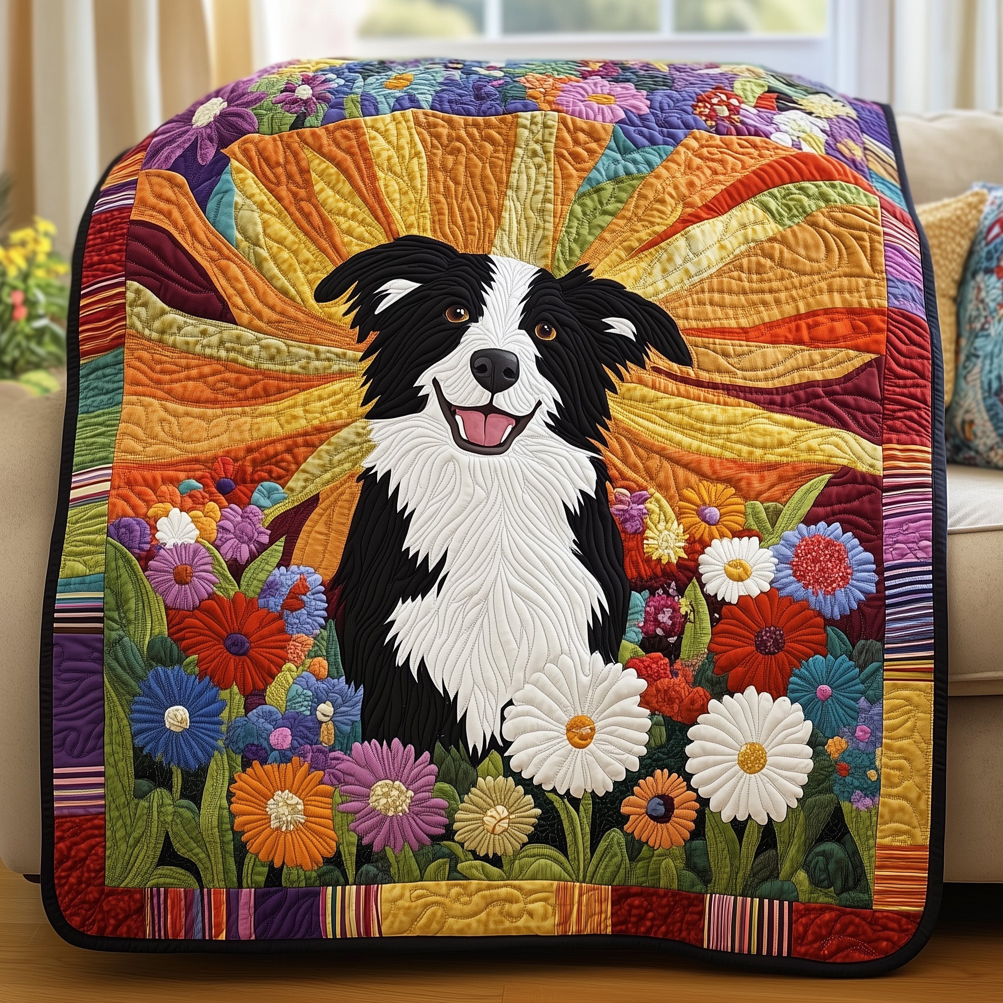 Border Collie Quilted Blanket Cute Bed BlanketXmas Gifts For Dog Owners