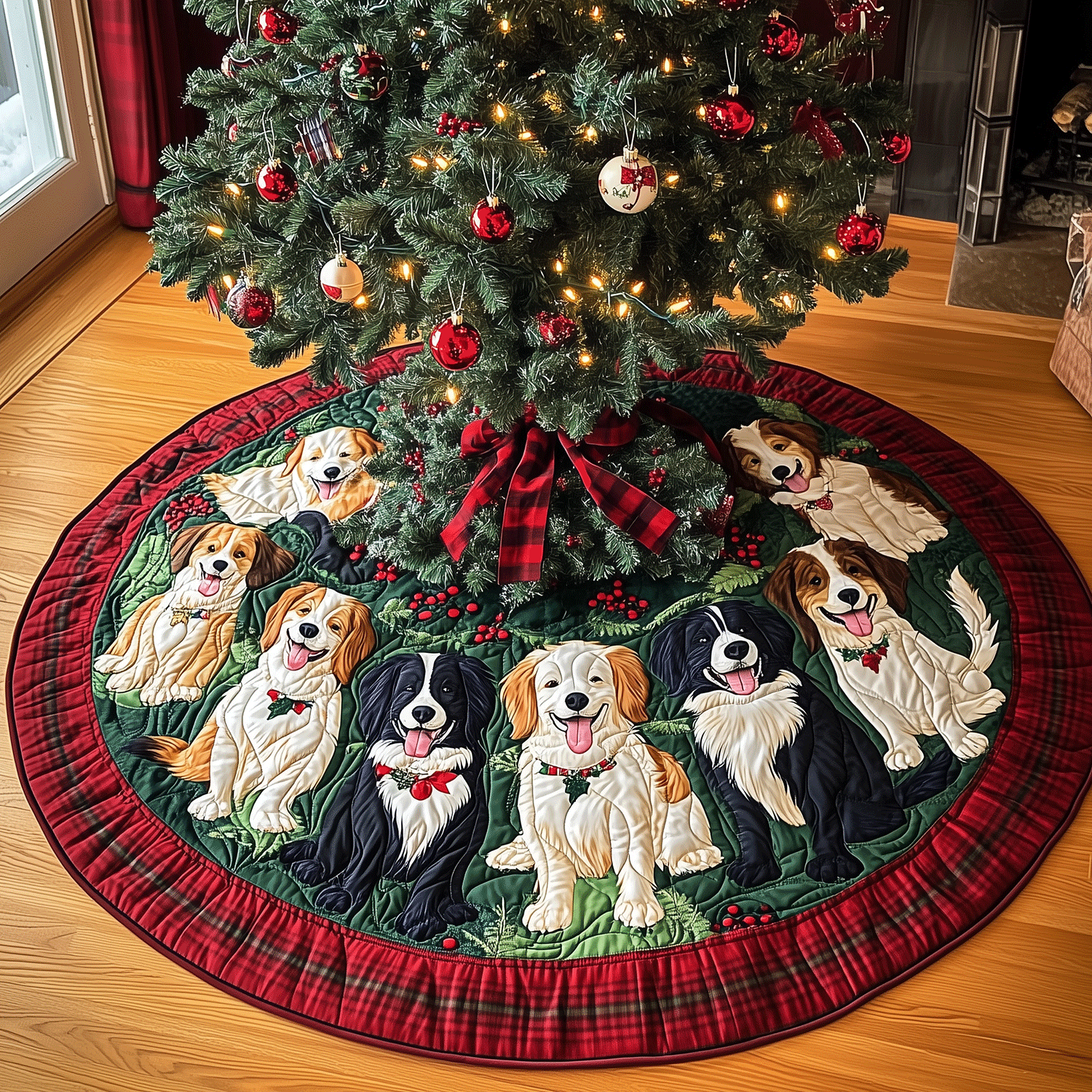 Border Collie Yuletide Quilted Christmas Tree Skirt Merry And Bright Holiday Decor Classic Christmas Home Decor