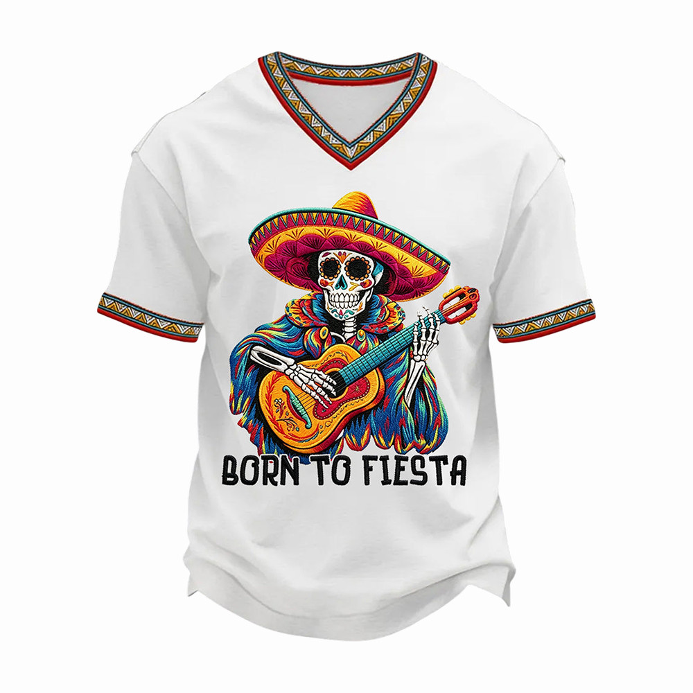 Born To Fiesta Skeleton V-Neck Shirt Mexican Pride Mexico Festival Shirt Gift Idea