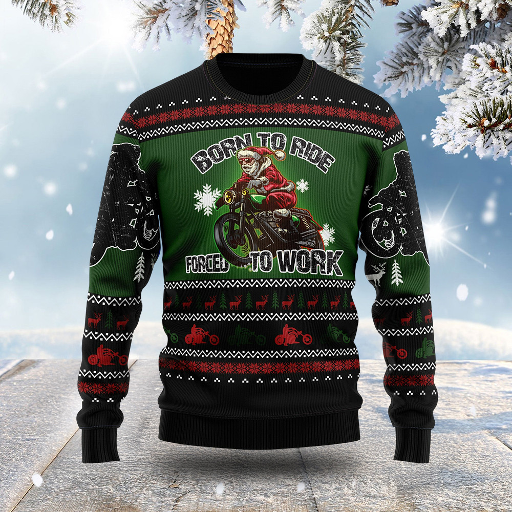 Born To Ride Forced To Work Ugly Christmas Sweater Christmas Apparel Gifts For Motorcycle Rider