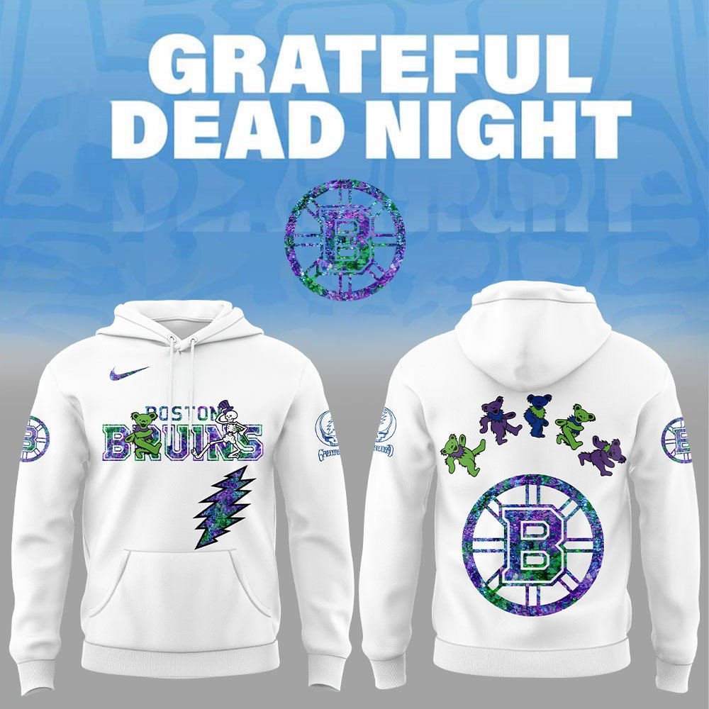 Boston Bruins x Grateful Dead Night White Hoodie Boston Bruins Merch Unique Hockey Gifts For Fans