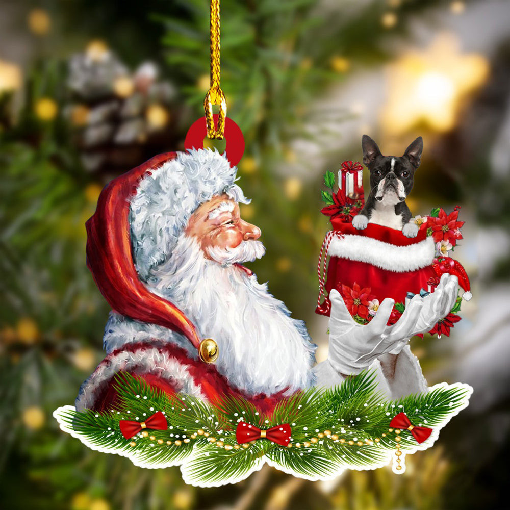 Boston Terrier and Santa Christmas Ornament for Dog Lovers Dog Mom Acrylic Dog Ornament