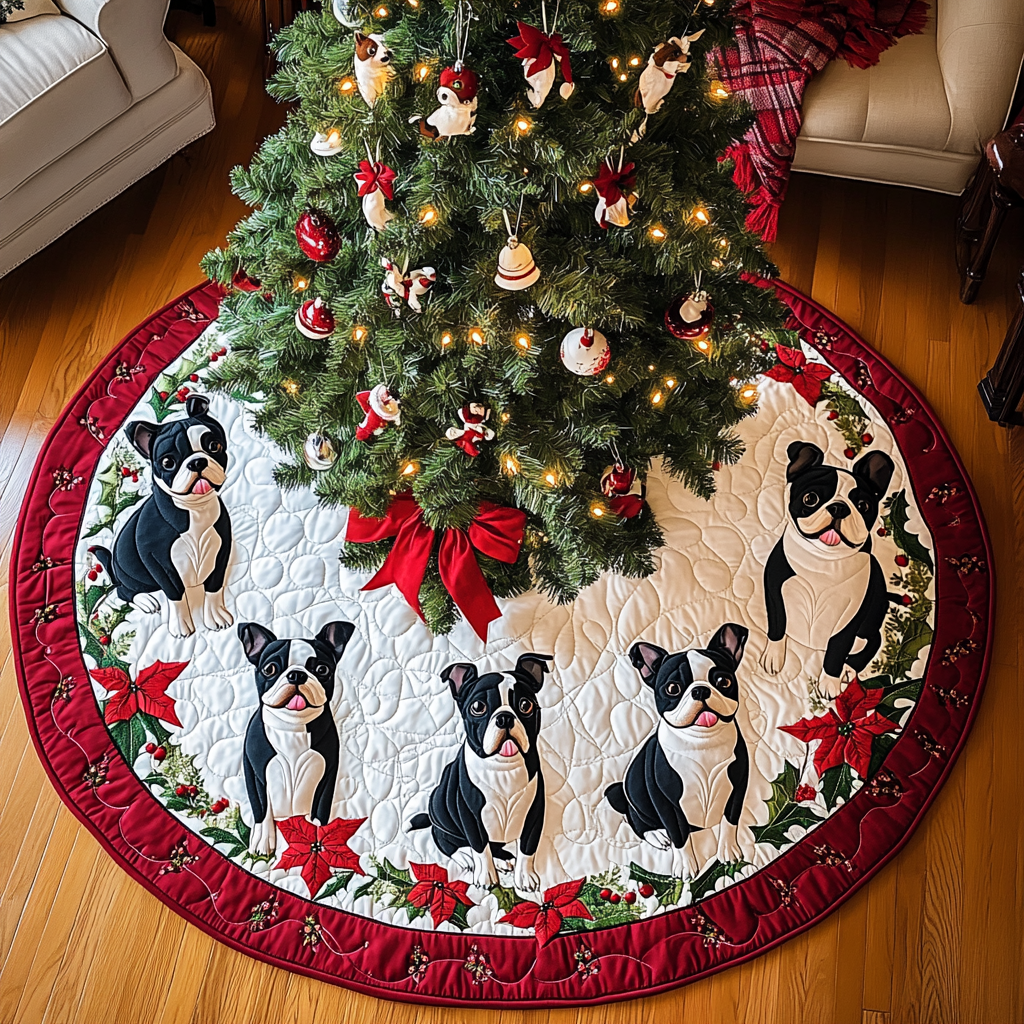 Boston Terrier Christmas Dreams Christmas Quilted Tree Skirt Warm And Cozy Holiday Decor