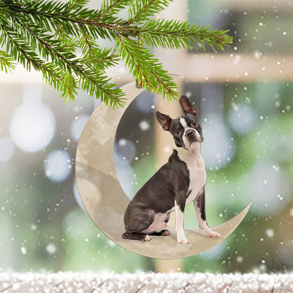 Boston Terrier Christmas Ornament Boston Terrier Dog Sit On Decent Moon Xmas Decorations