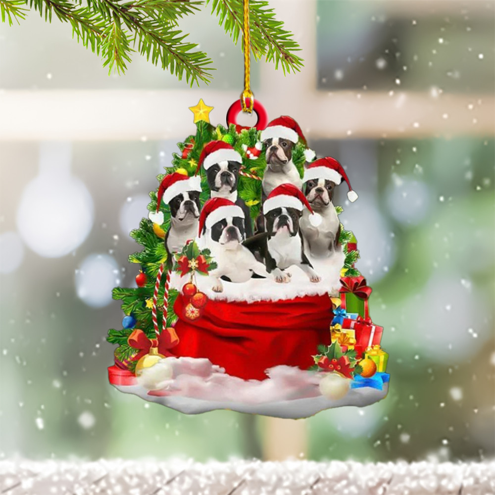 Boston Terrier Christmas Ornament Boston Terrier Dogs In A Gift Bag Christmas Ornament Decor