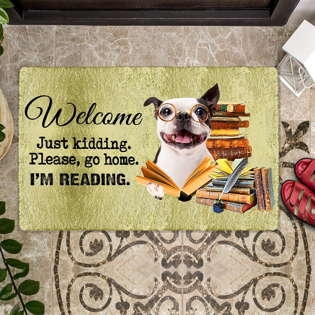 Boston Terrier Please Go Home I'M Reading Doormat Entry Way Ideas Xmas Gifts For Dog Lovers