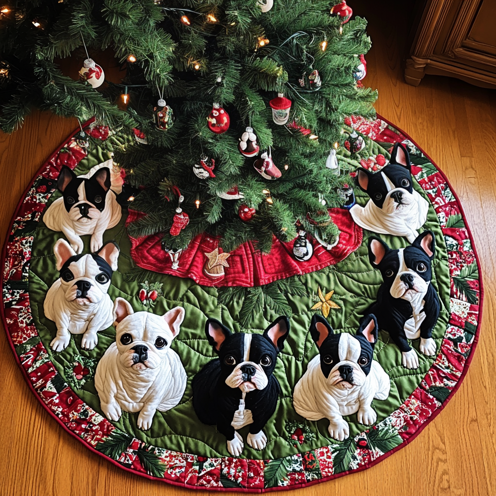 Boston Terrier Santa Paws Christmas Quilted Tree Skirt Holiday Party Decor for Home Under-Tree Christmas Decor