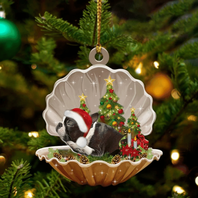 Boston Terrier Sleeping in Pearl Dog Christmas Ornament Flat Acrylic