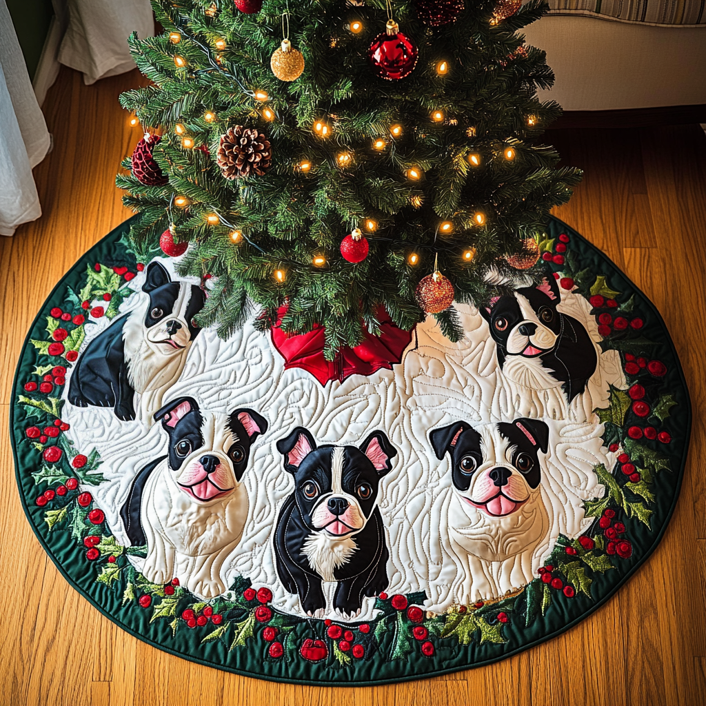 Boston Terrier Sleigh Bells Christmas Quilted Tree Skirt Holiday Tree Base Decoration