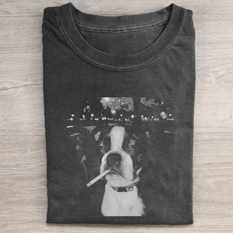 Boston Terrier Smoking City Night T-Shirt Funny Dog Lover Tee Cool Dog Meme Shirt Best Gift For Dog Owners
