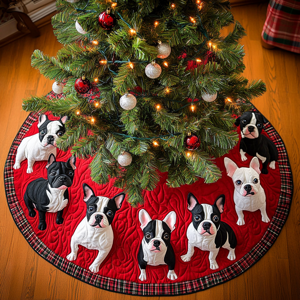 Boston Terrier Snowy Christmas Christmas Quilted Tree Skirt Perfect Holiday Gift for Home Decor Lovers