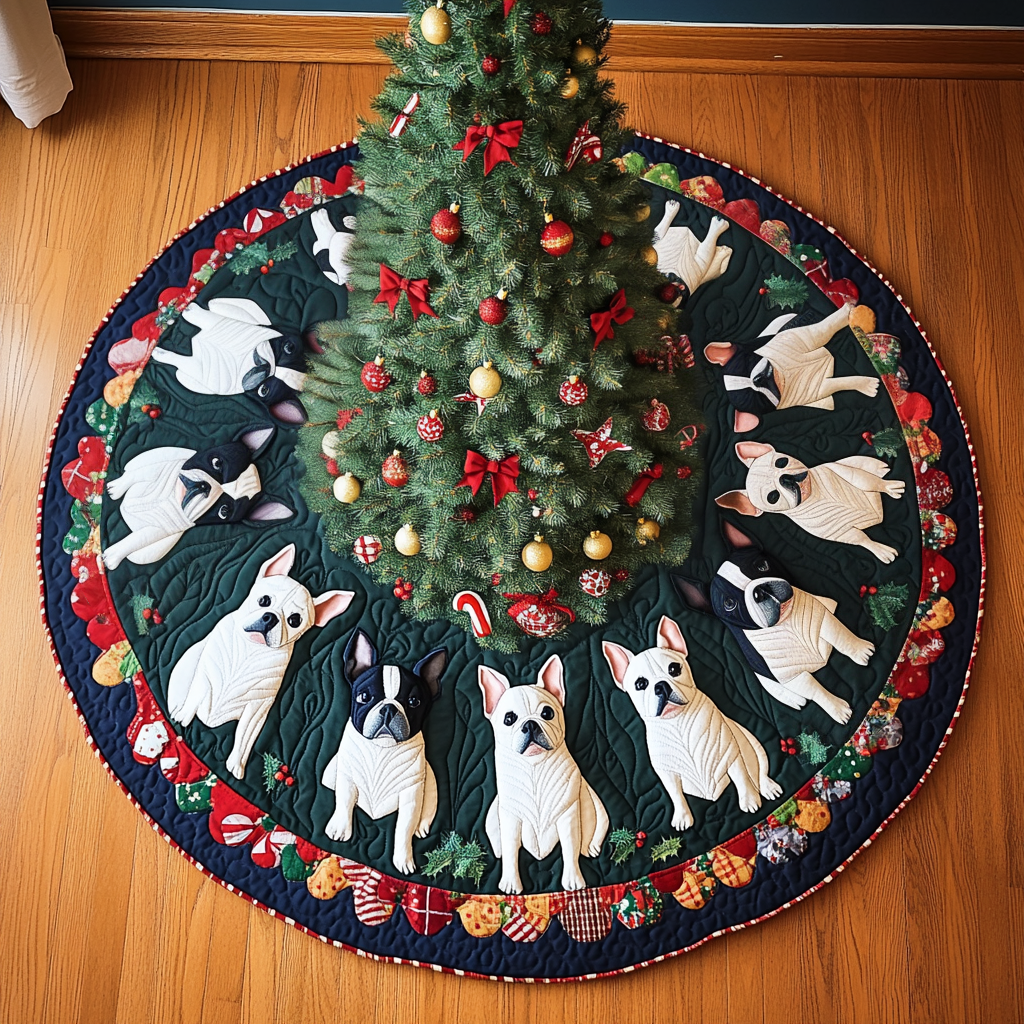 Boston Terrier Under The Mistletoe Christmas Quilted Tree Skirt Merry And Bright Holiday Decor Classic Christmas Home Decor