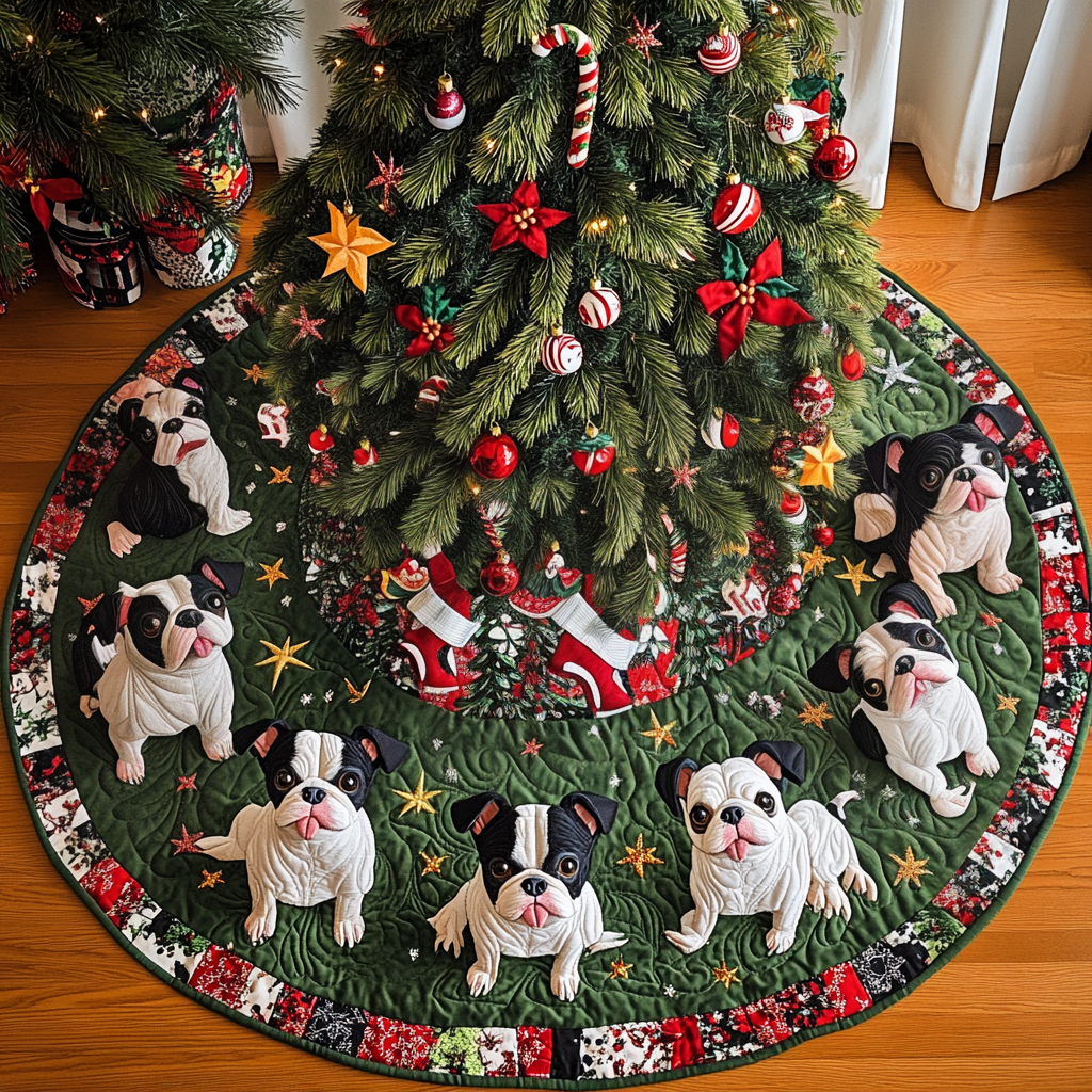 Boston Terrier Winter Wonderland Christmas Quilted Tree Skirt Under Tree Christmas Decor Holiday Party Decor for Home